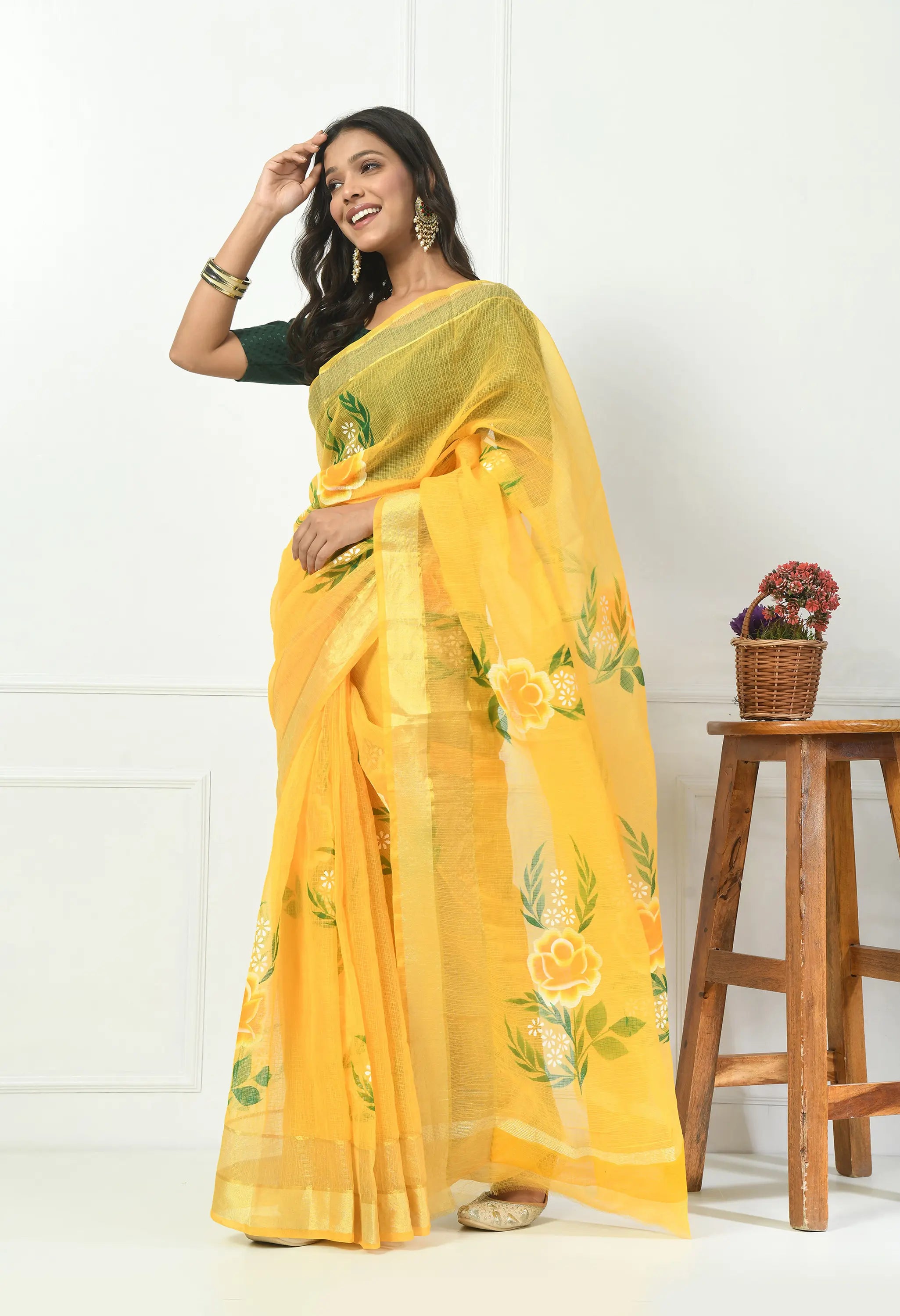 Lime Yellow Cotton Saree with Hand Painted Floral Design