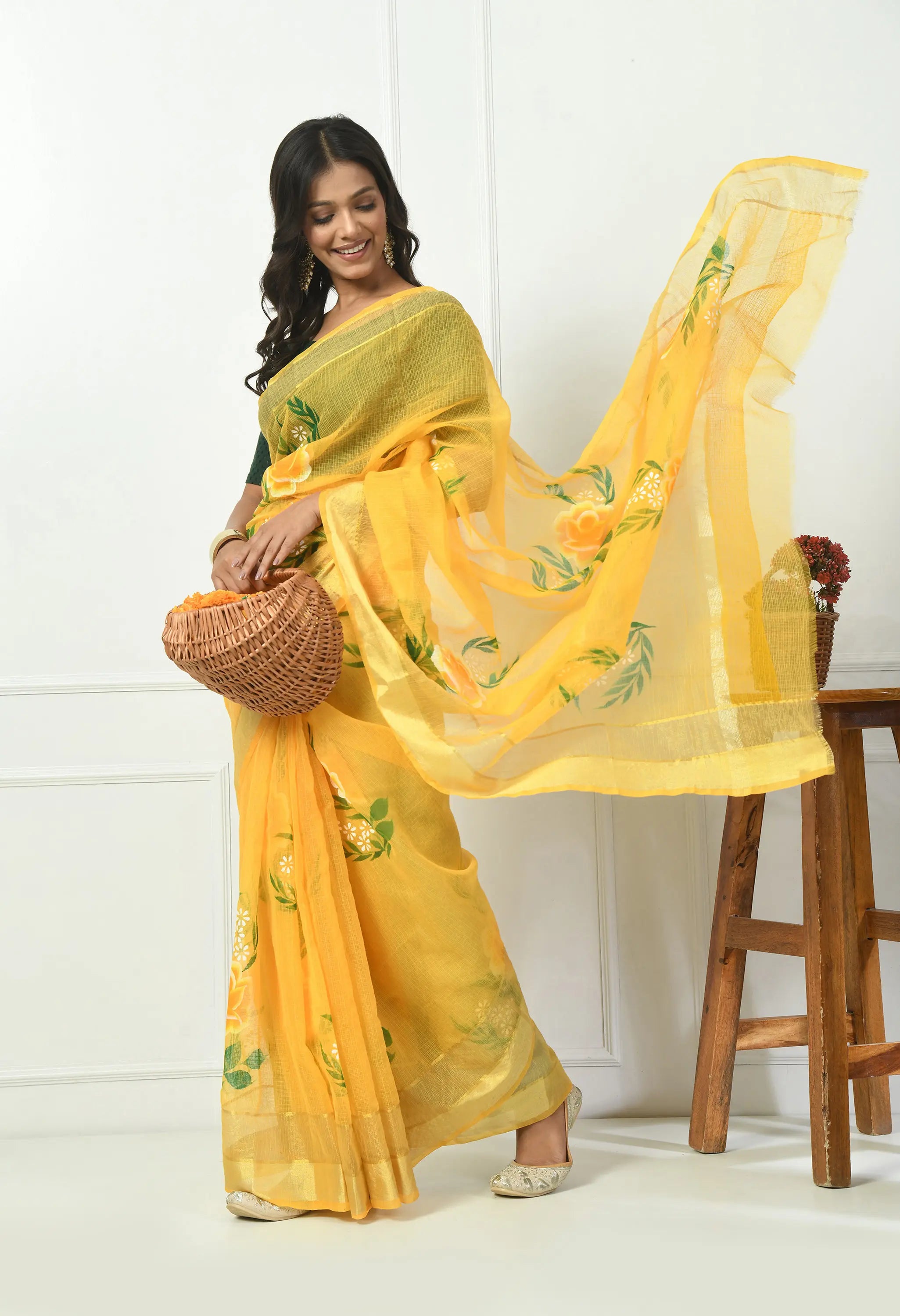 Lime Yellow Cotton Saree with Hand Painted Floral Design