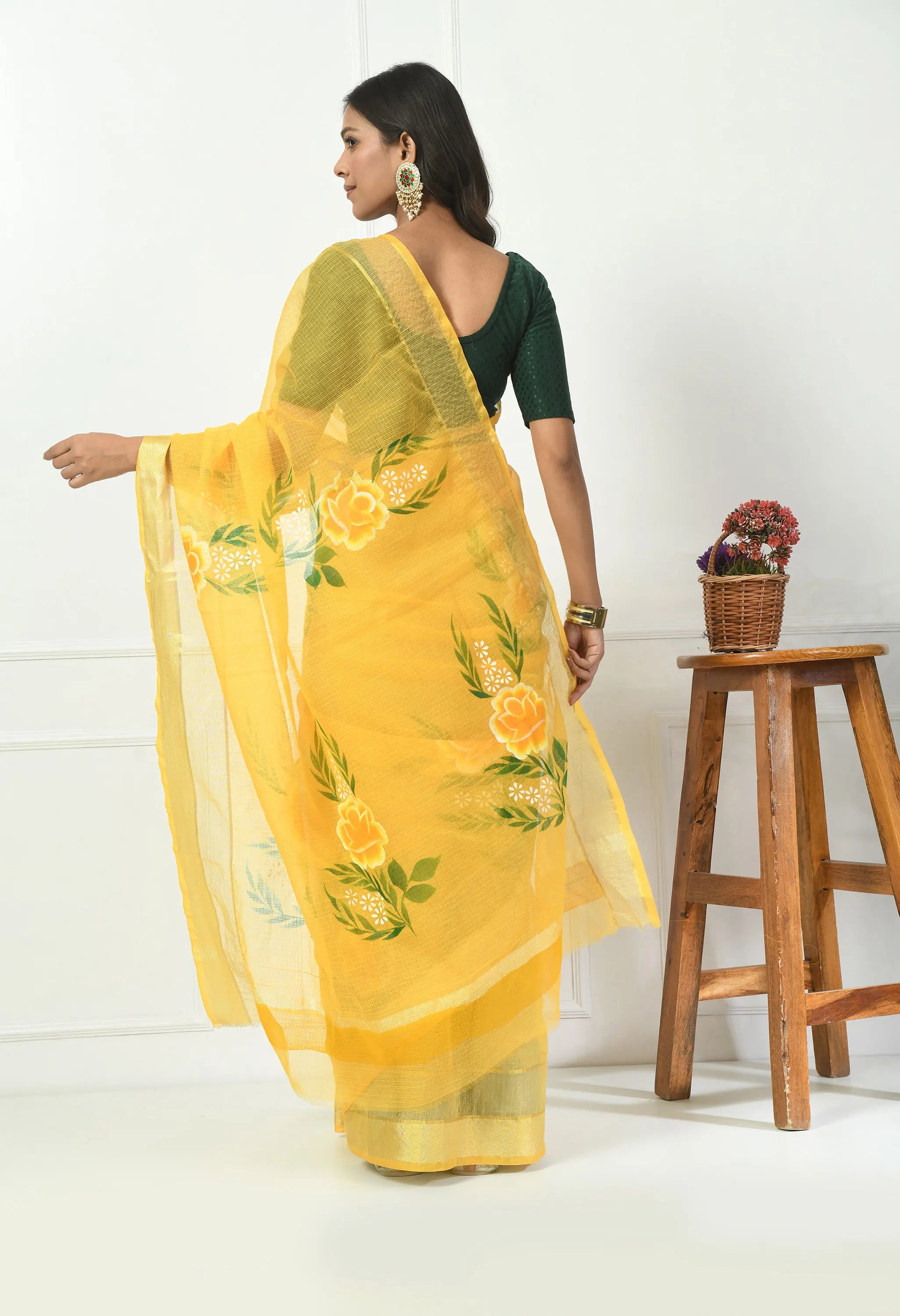 Lime Yellow Cotton Saree with Hand Painted Floral Design