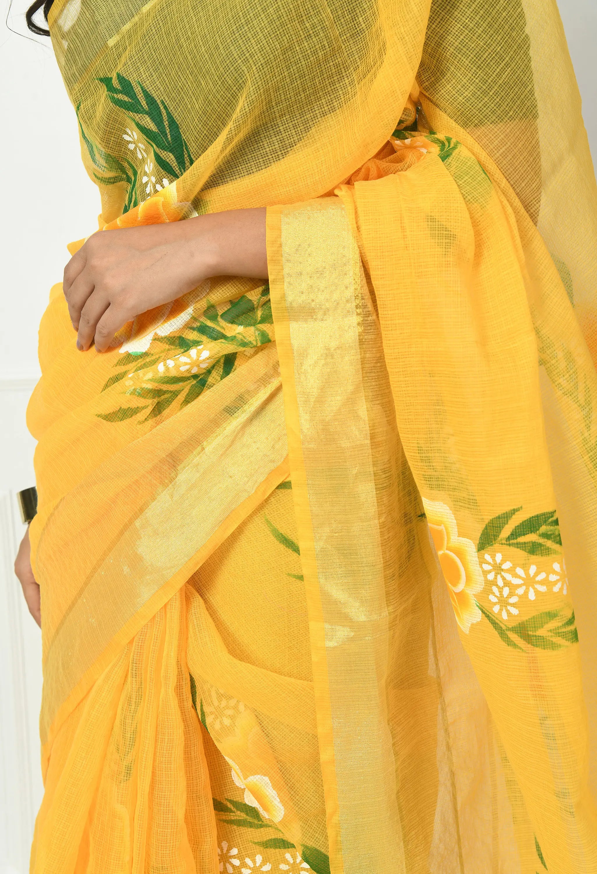 Lime Yellow Cotton Saree with Hand Painted Floral Design