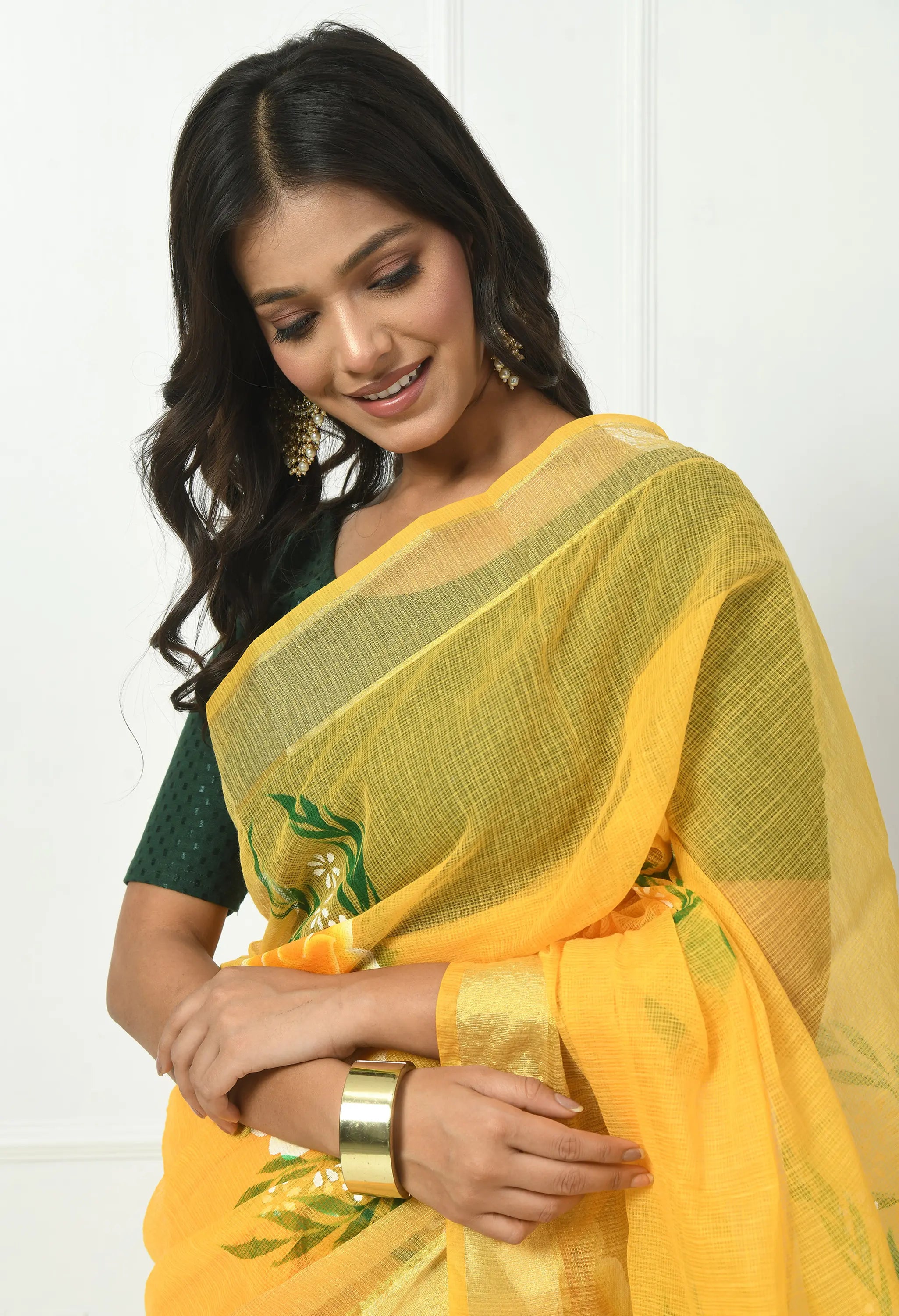 Lime Yellow Cotton Saree with Hand Painted Floral Design