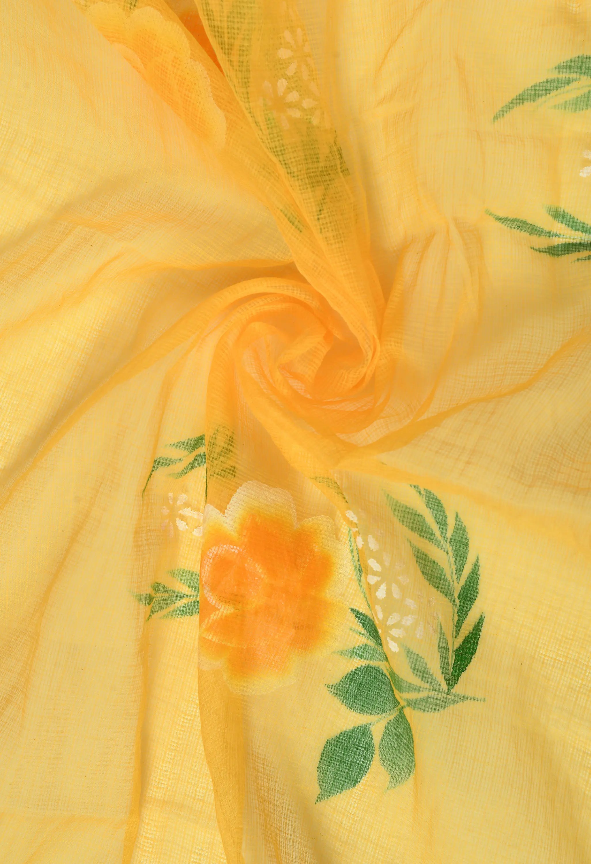 Lime Yellow Cotton Saree with Hand Painted Floral Design