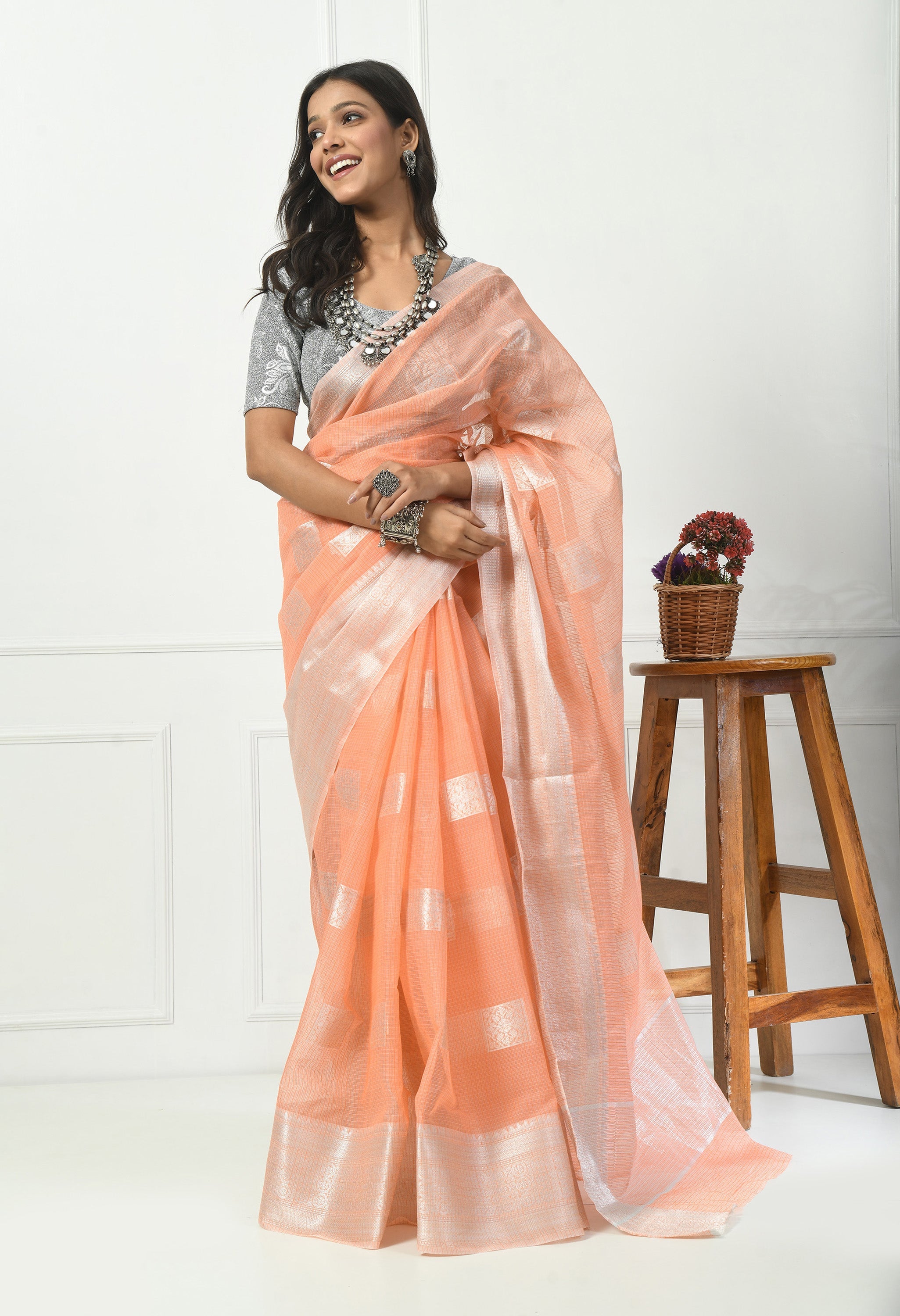 Peach Kota Doria Saree with Silver Border