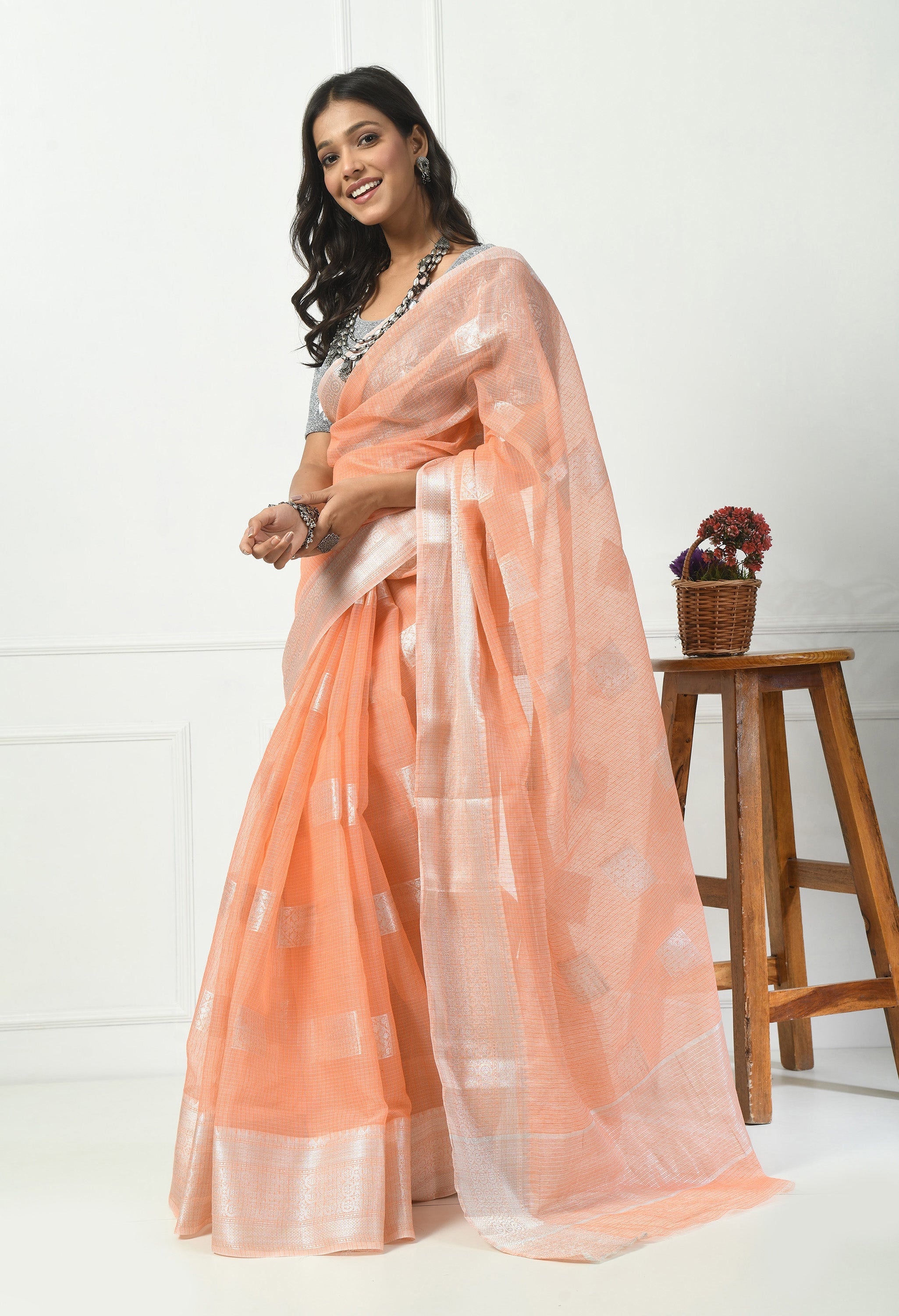 Peach Kota Doria Saree with Silver Border