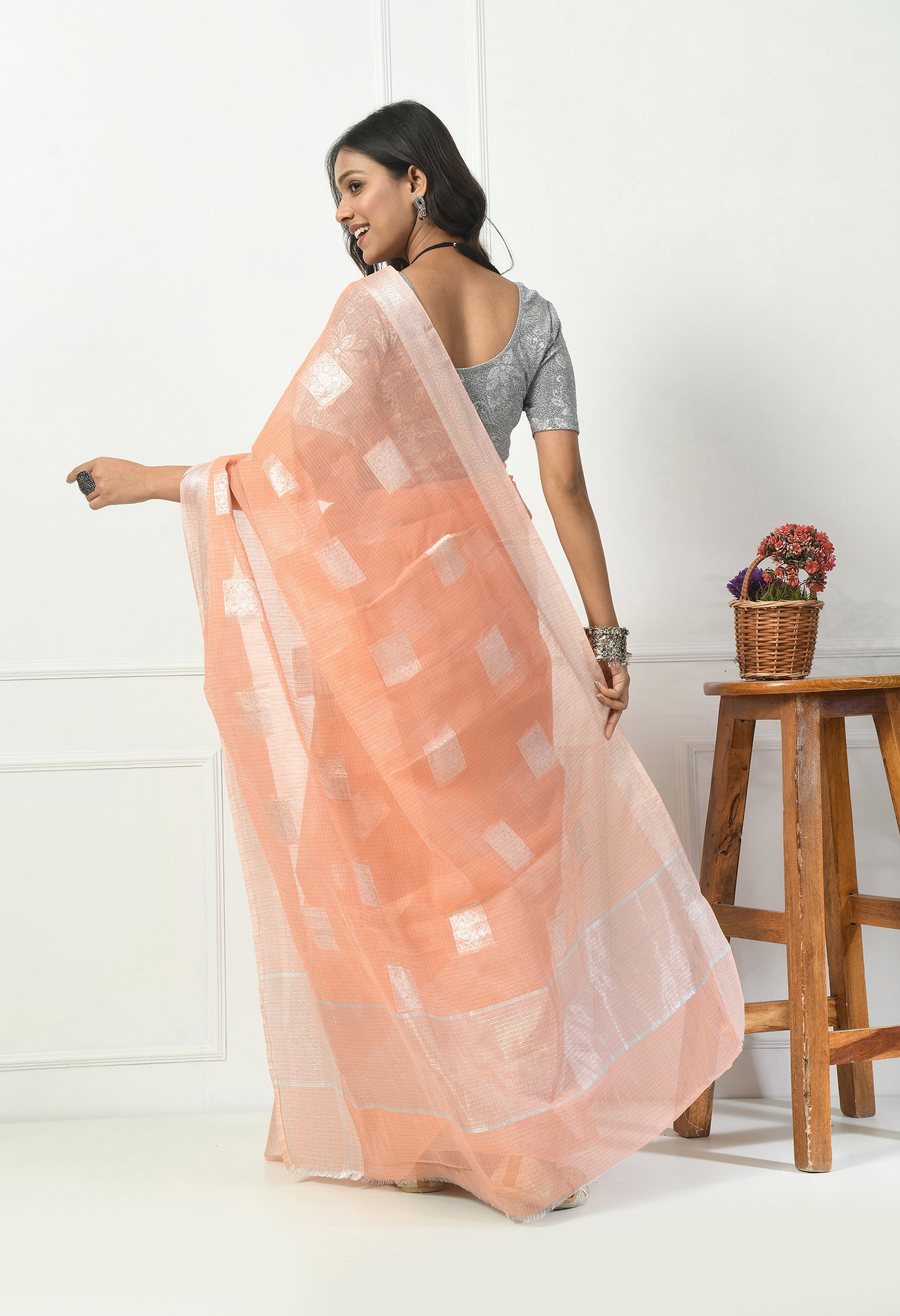 Peach Kota Doria Saree with Silver Border