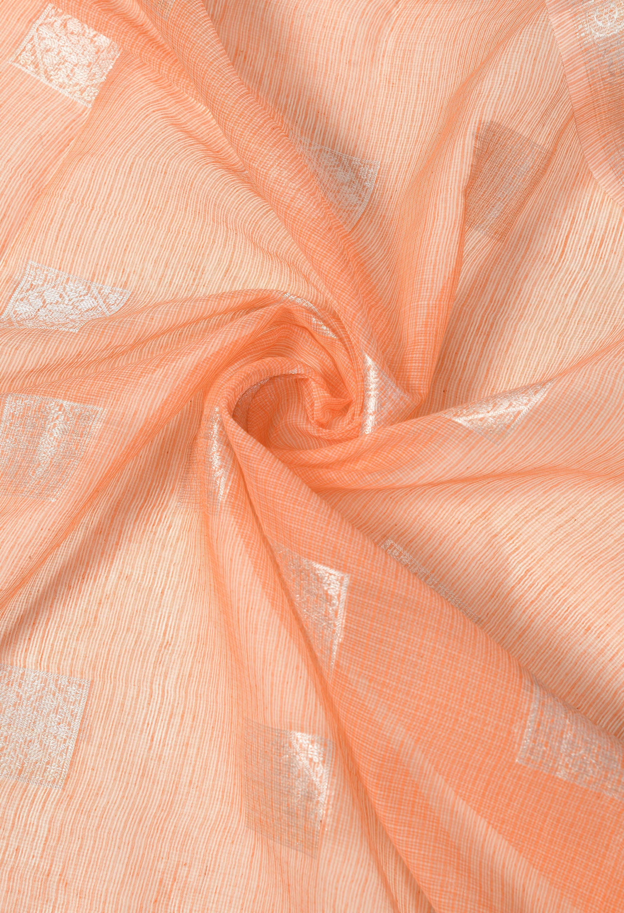 Peach Kota Doria Saree with Silver Border