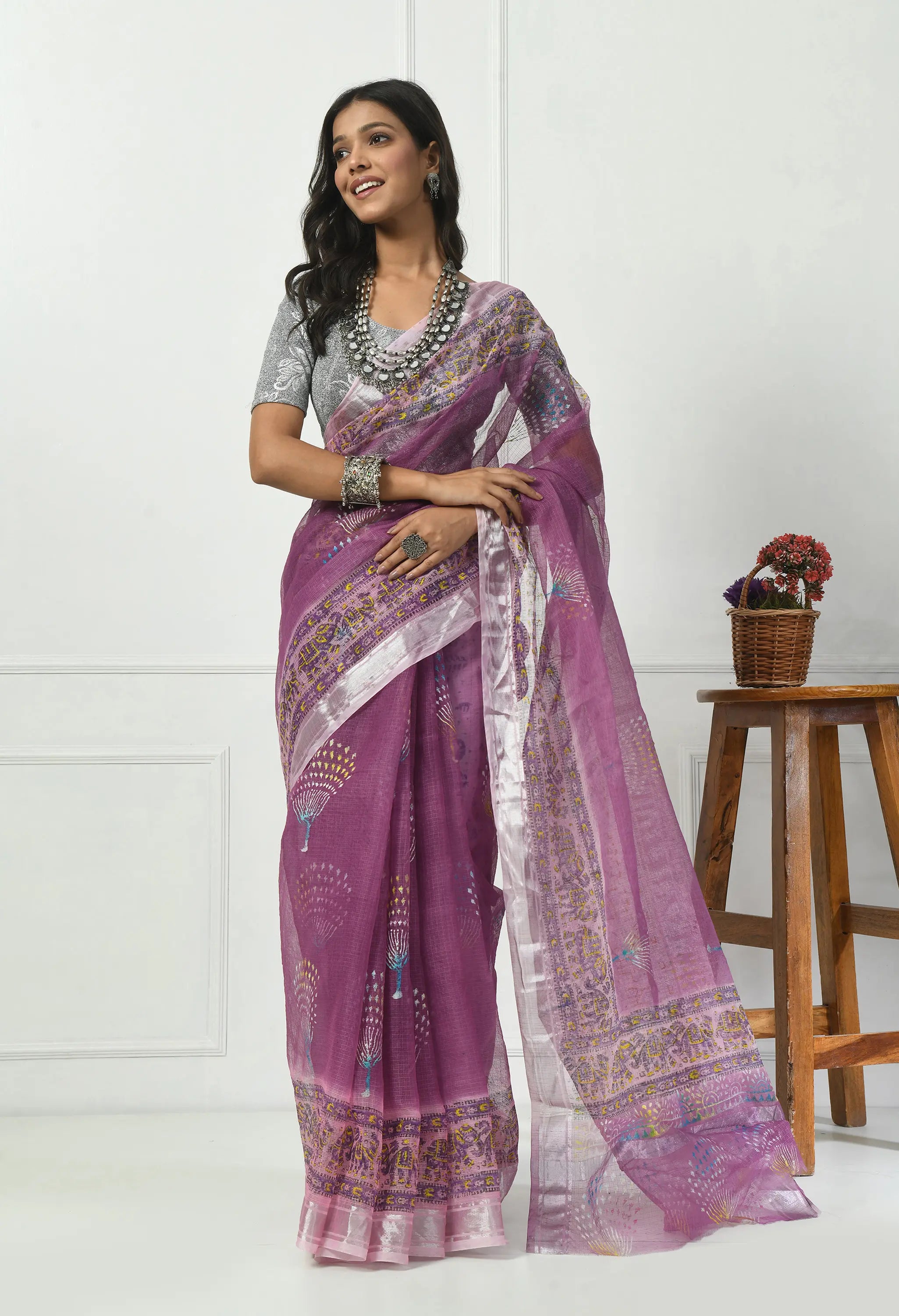 Lavender Cotton Saree with Silver Design Border
