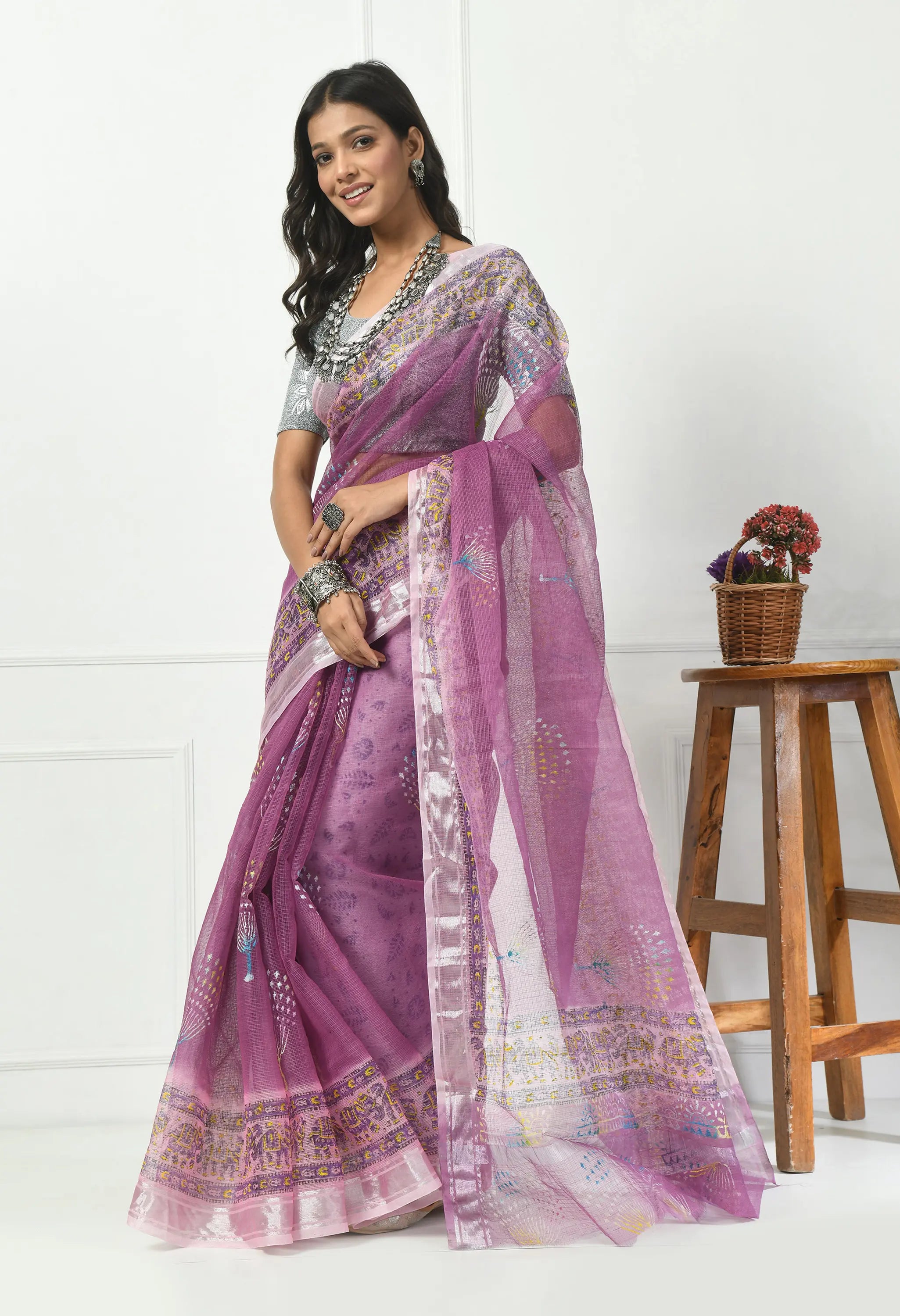 Lavender Cotton Saree with Silver Design Border