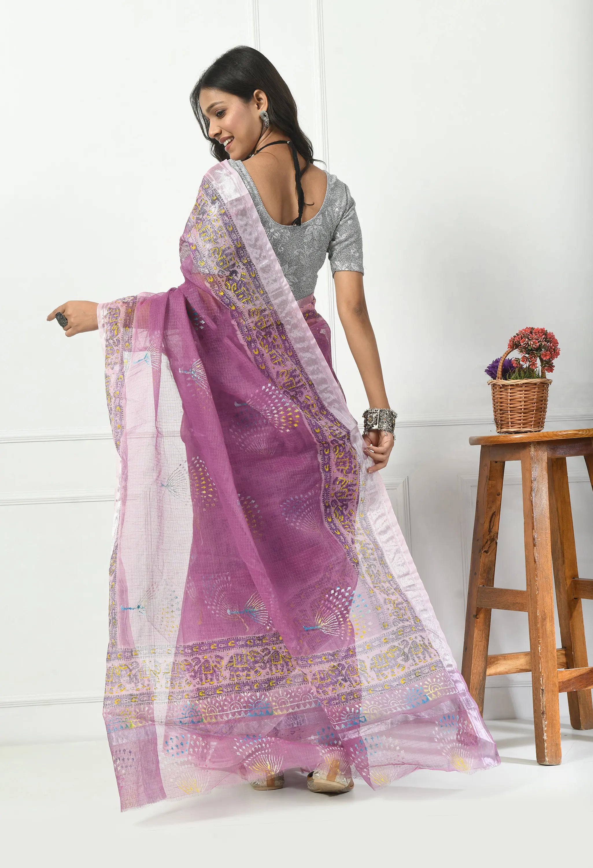 Lavender Cotton Saree with Silver Design Border