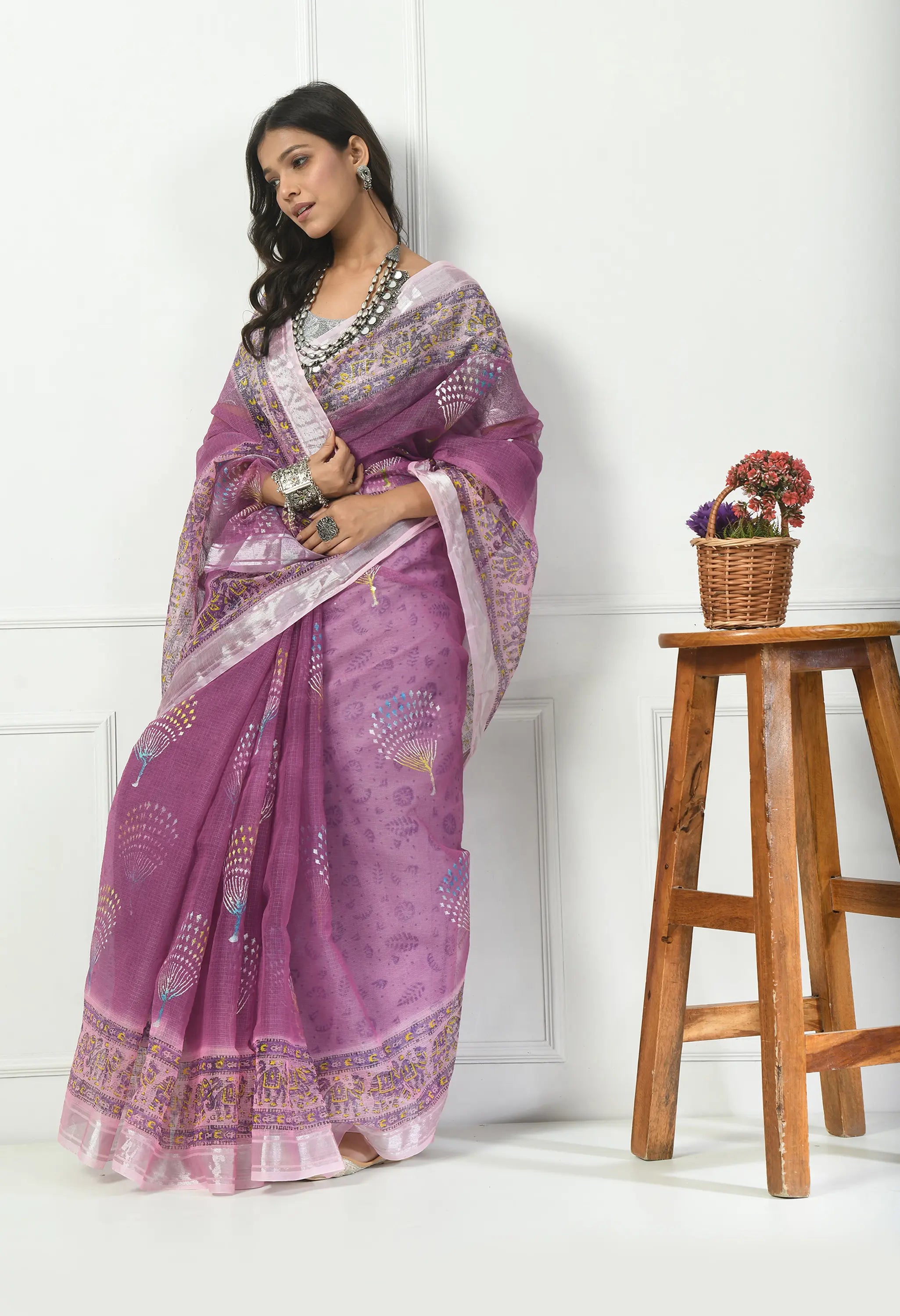 Lavender Cotton Saree with Silver Design Border
