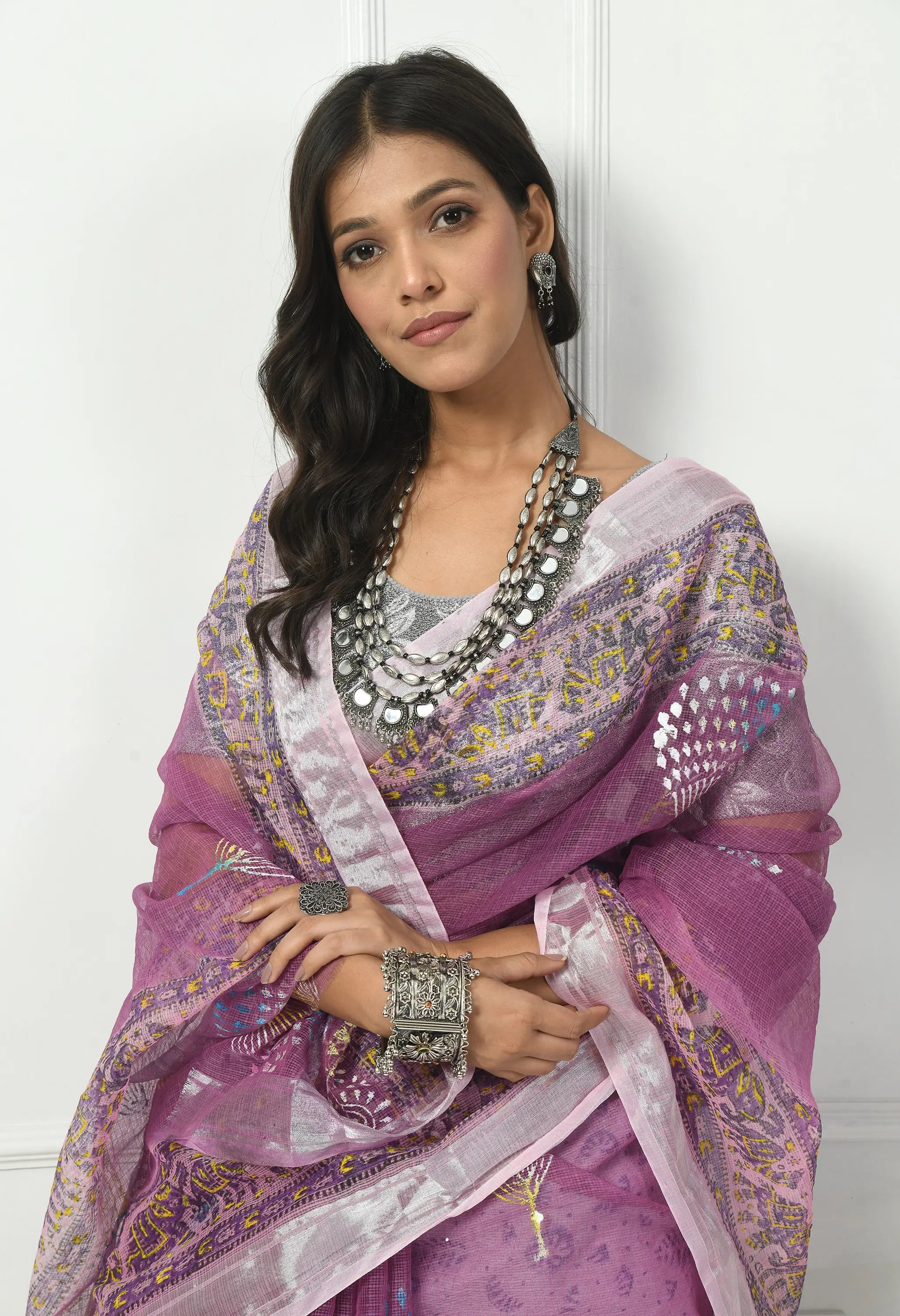 Lavender Cotton Saree with Silver Design Border