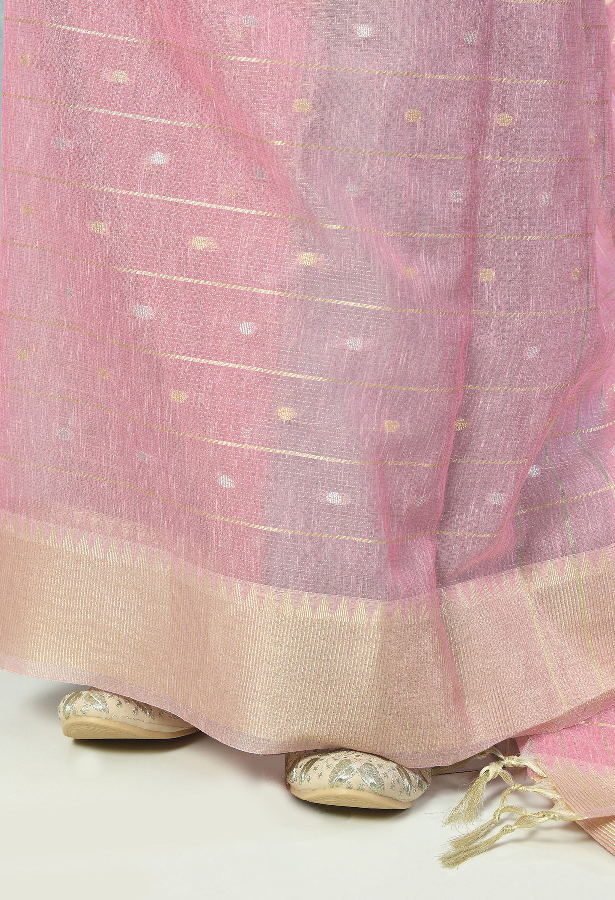 Pink Cotton Saree with Light Gold Design