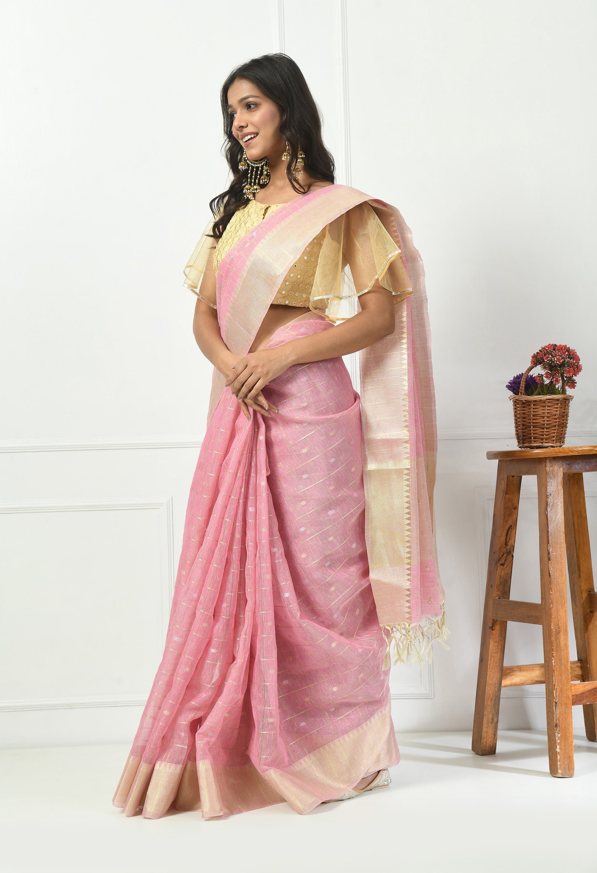 Pink Cotton Saree with Light Gold Design