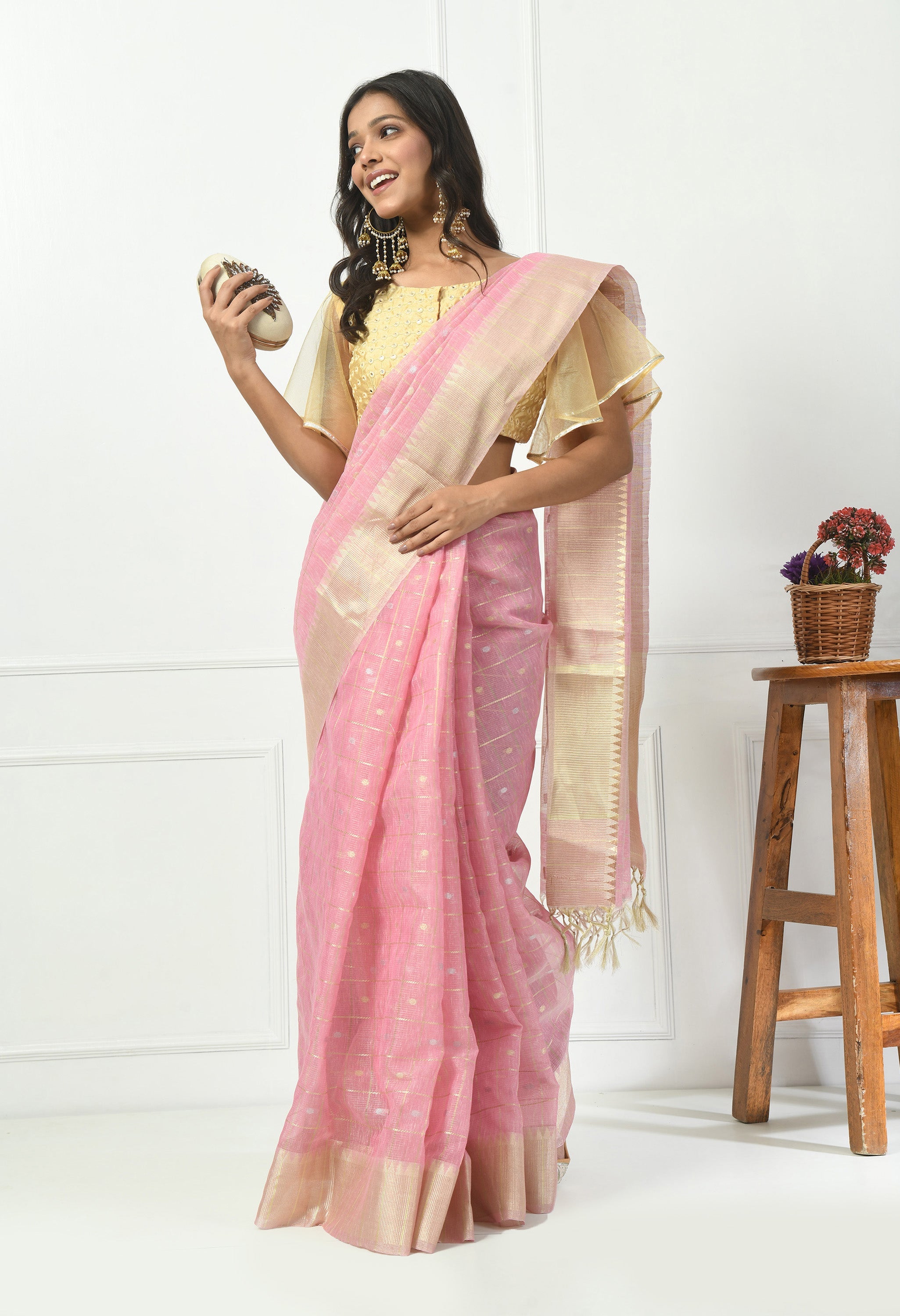 Pink Cotton Saree with Light Gold Design