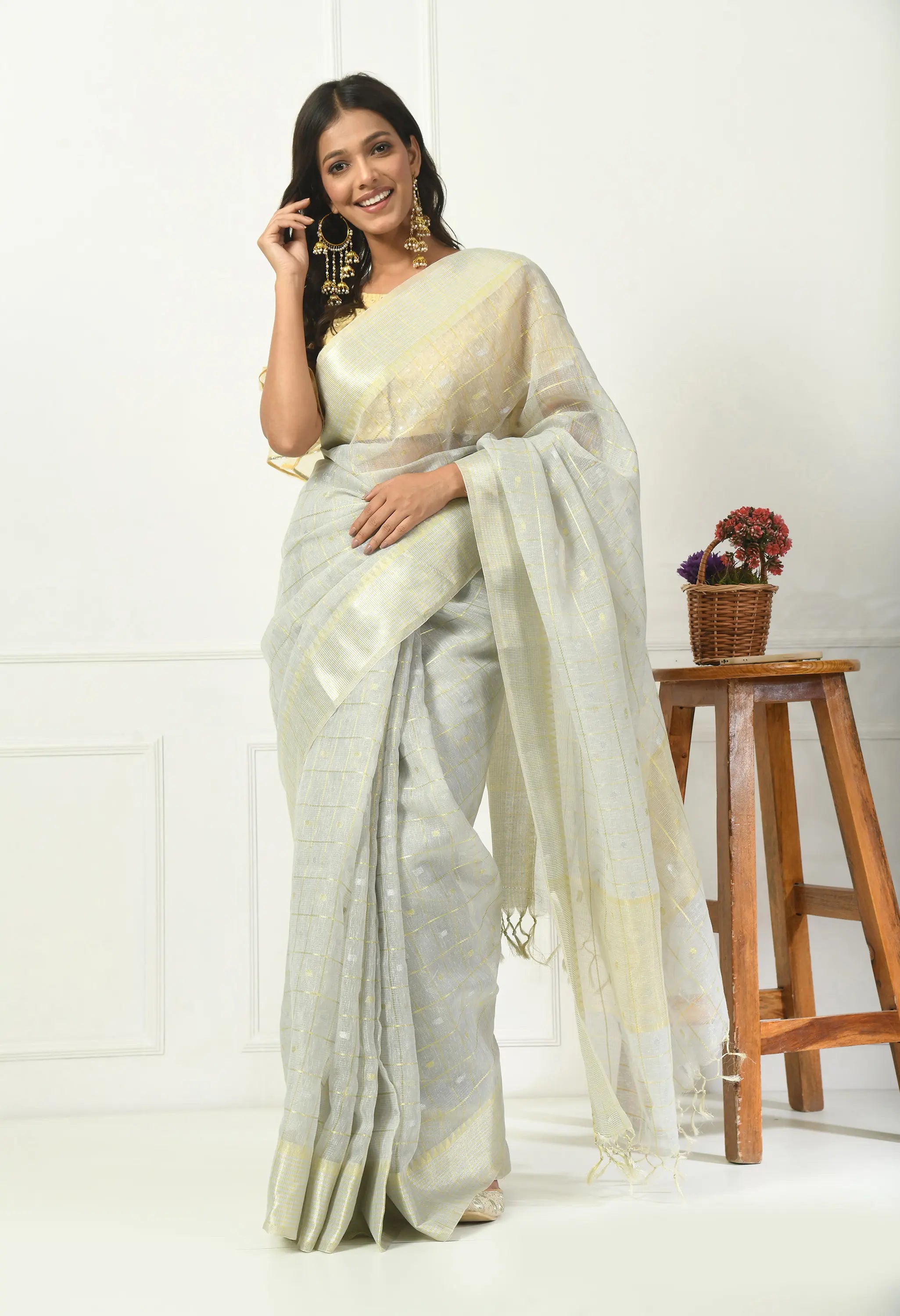 Silver Grey Cotton Saree with Subtle Gold Design