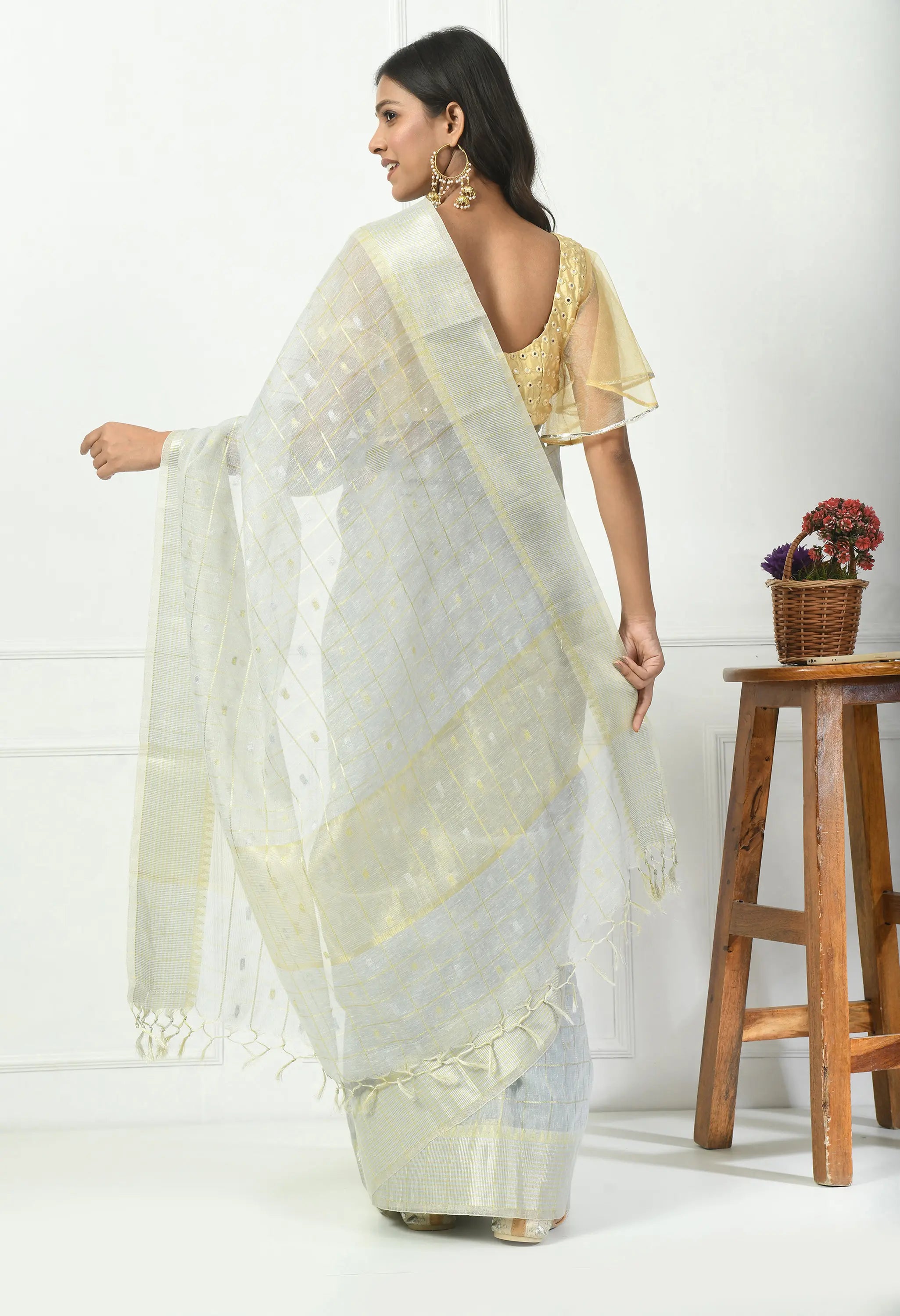 Silver Grey Cotton Saree with Subtle Gold Design