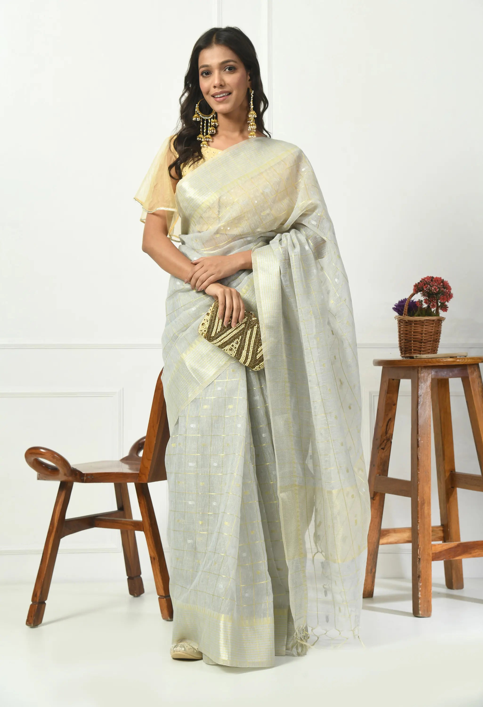 Silver Grey Cotton Saree with Subtle Gold Design