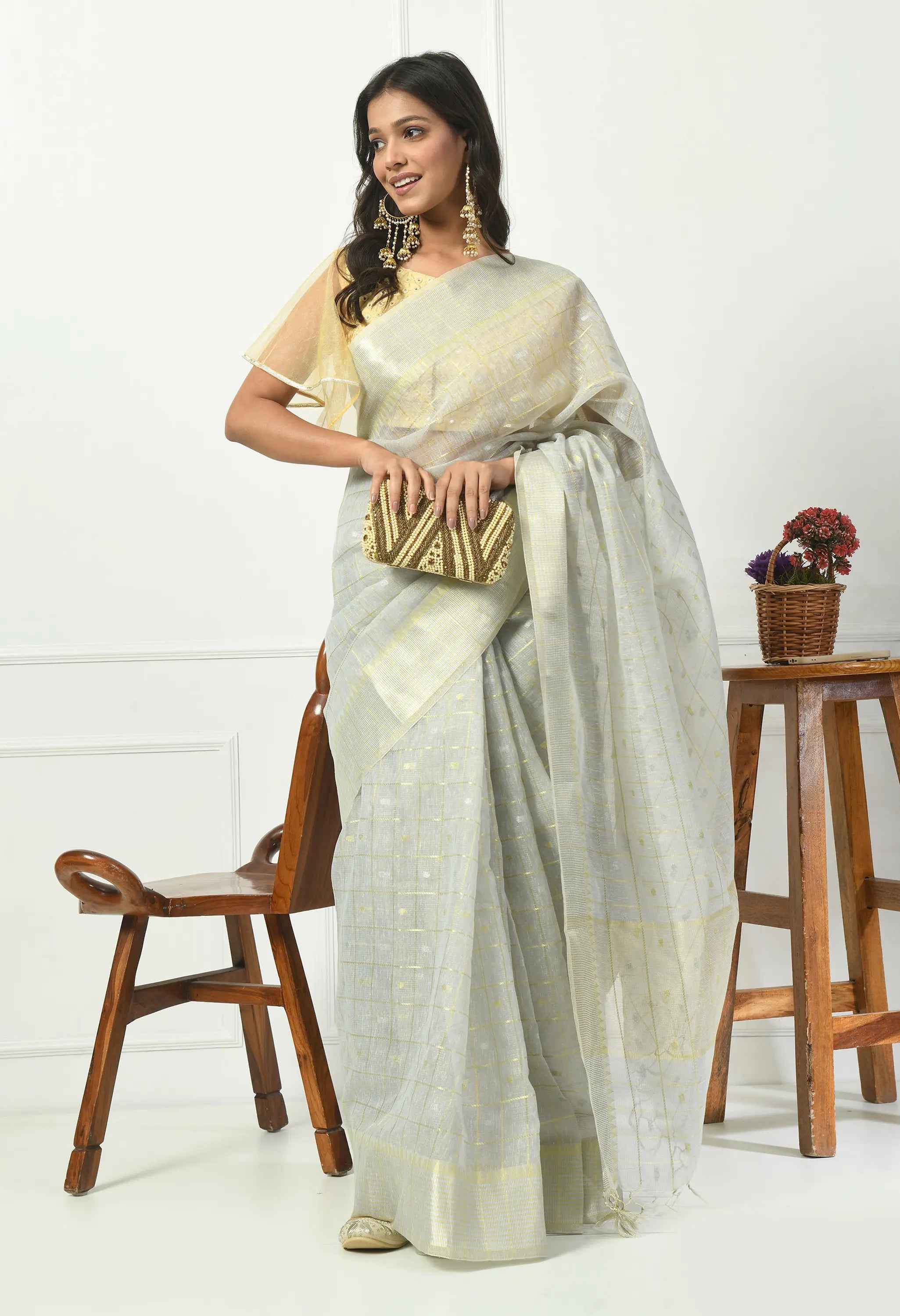 Silver Grey Cotton Saree with Subtle Gold Design