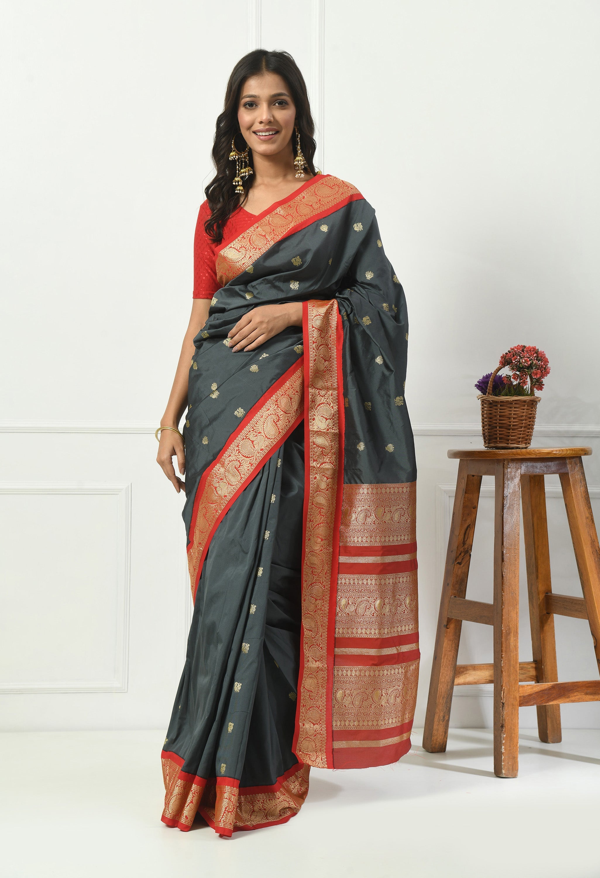 Slate Grey Bangalore Kadiyal Silk Saree With Red and Gold Zari Border