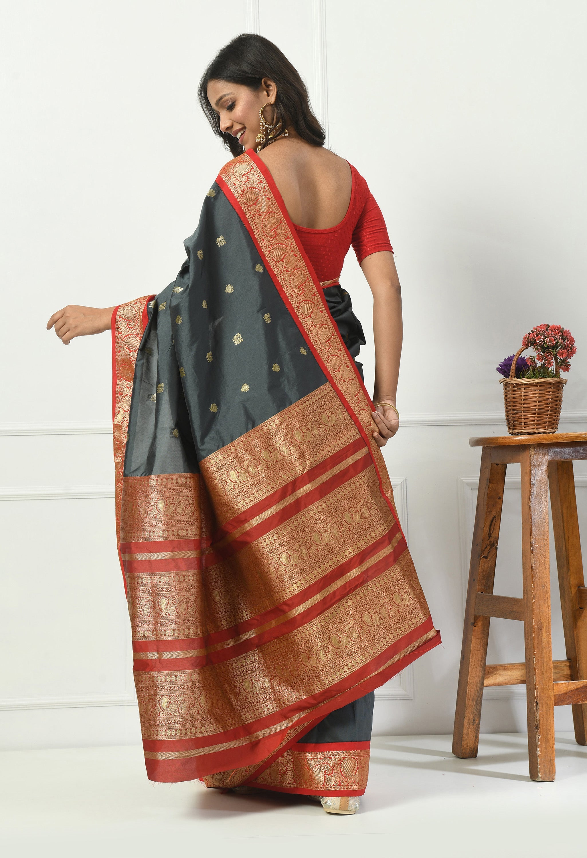 Slate Grey Bangalore Kadiyal Silk Saree With Red and Gold Zari Border