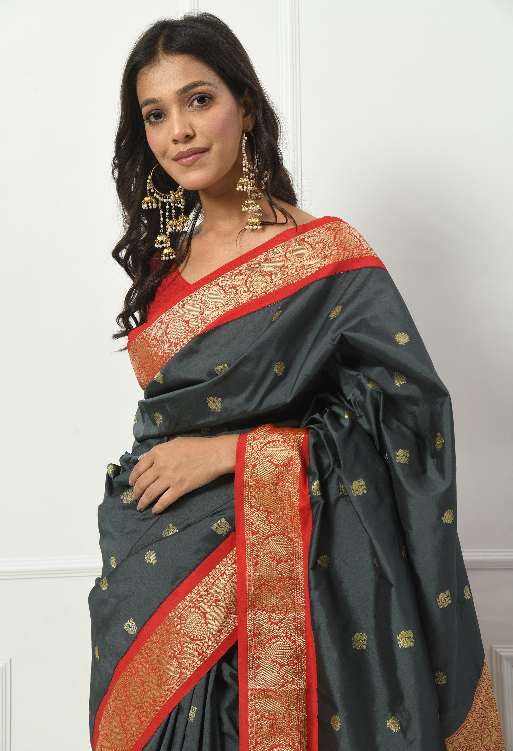 Slate Grey Bangalore Kadiyal Silk Saree With Red and Gold Zari Border