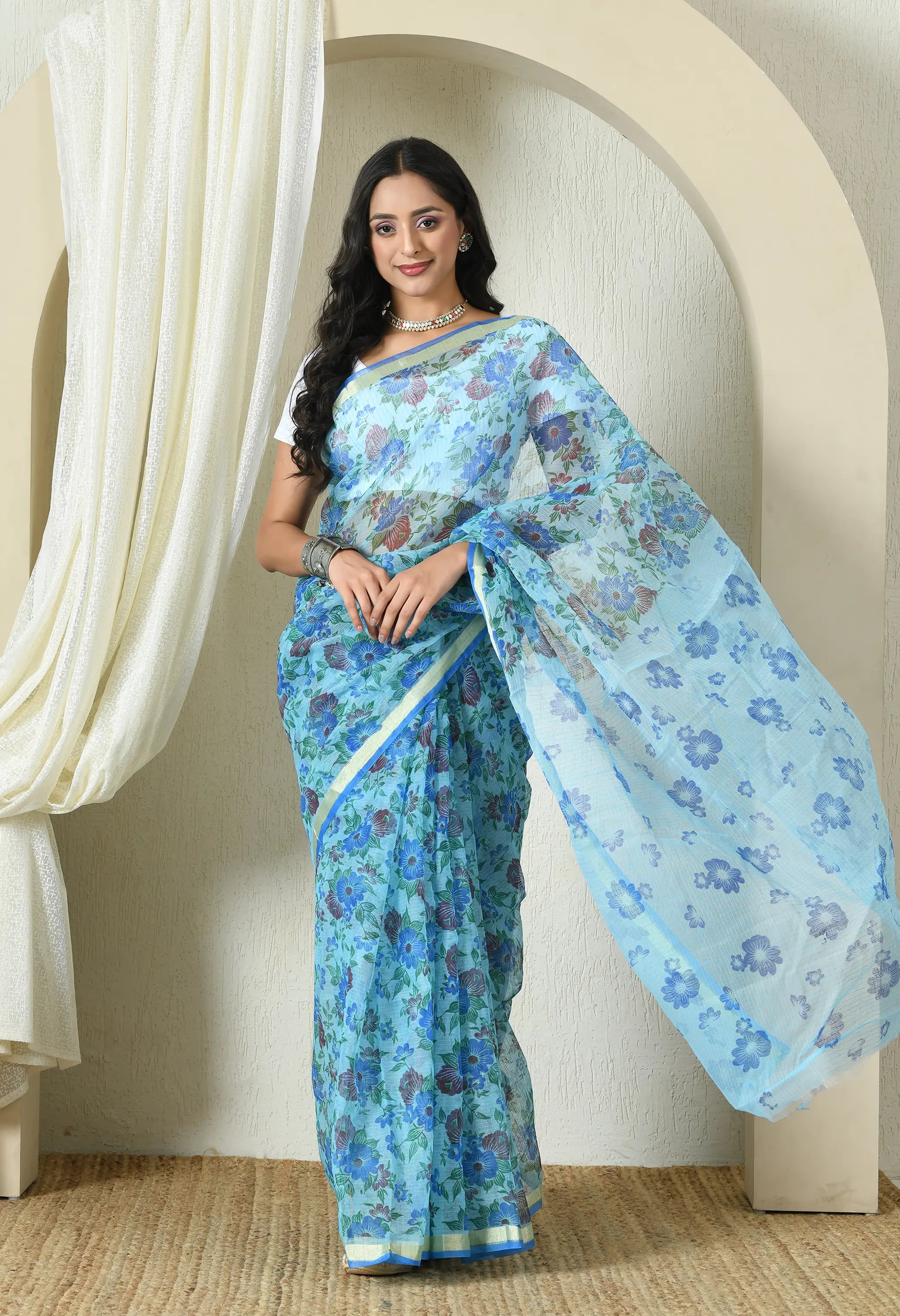 Sapphire Blue Cotton Saree with Elegant Floral Pattern