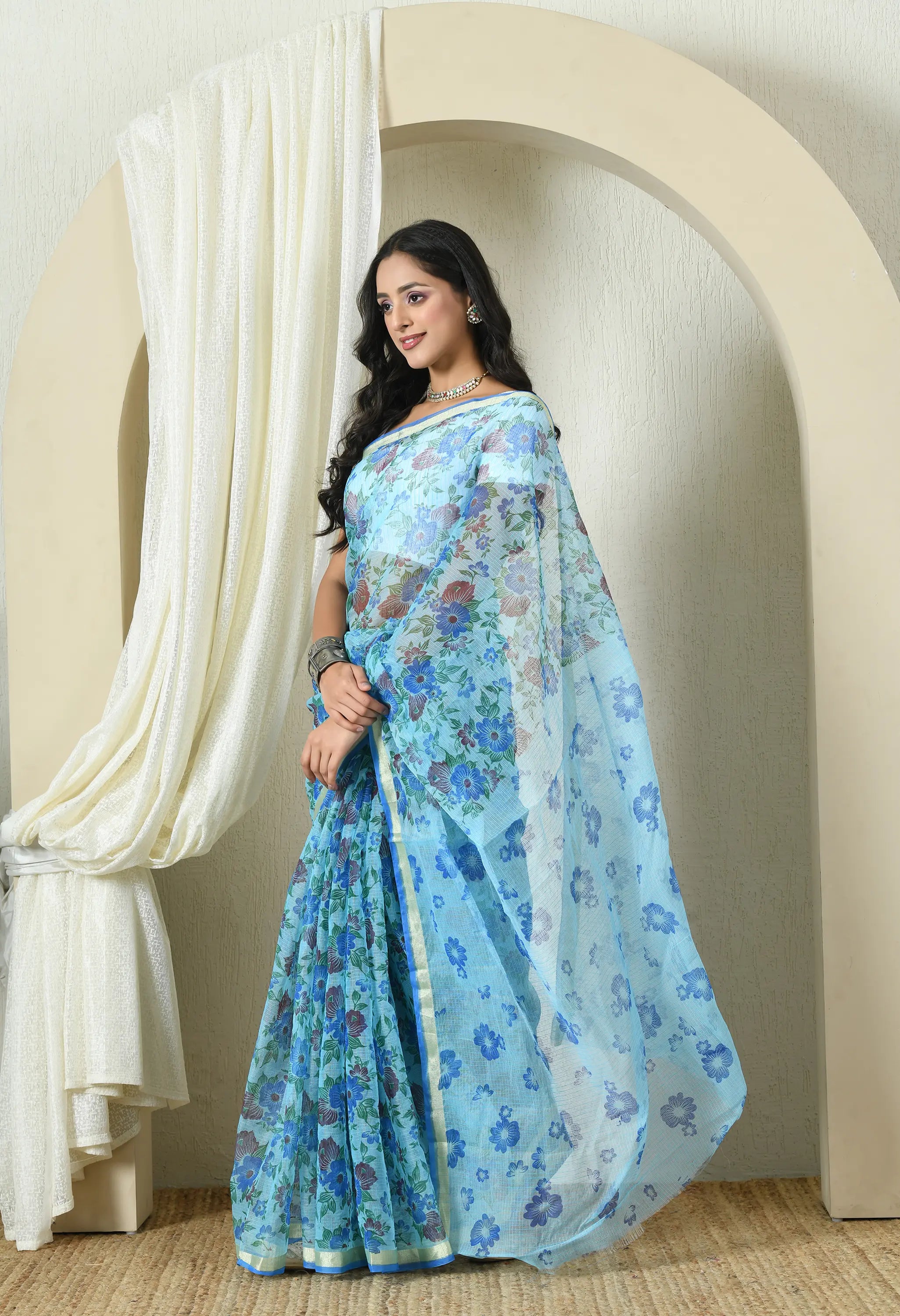 Sapphire Blue Cotton Saree with Elegant Floral Pattern