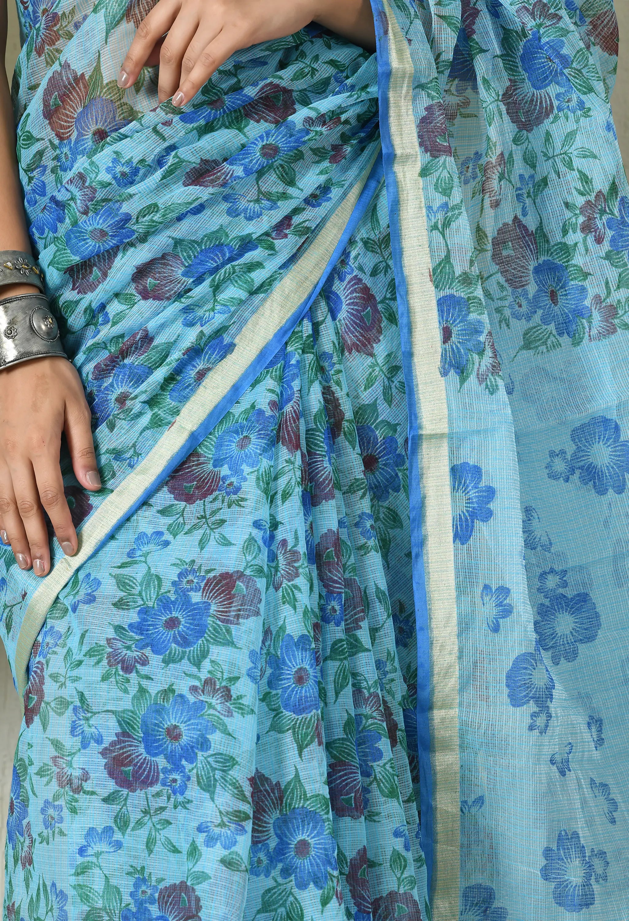 Sapphire Blue Cotton Saree with Elegant Floral Pattern
