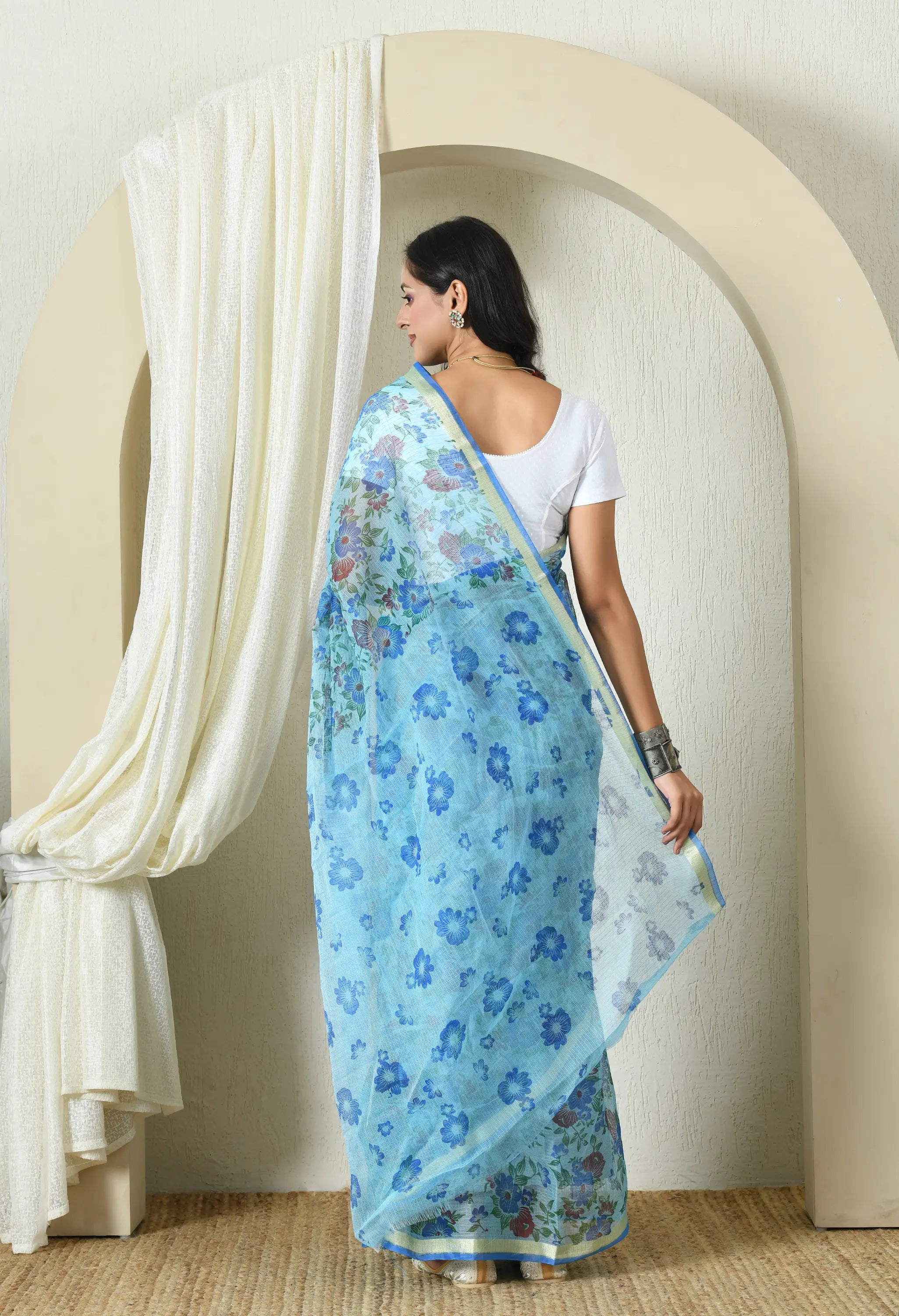 Sapphire Blue Cotton Saree with Elegant Floral Pattern