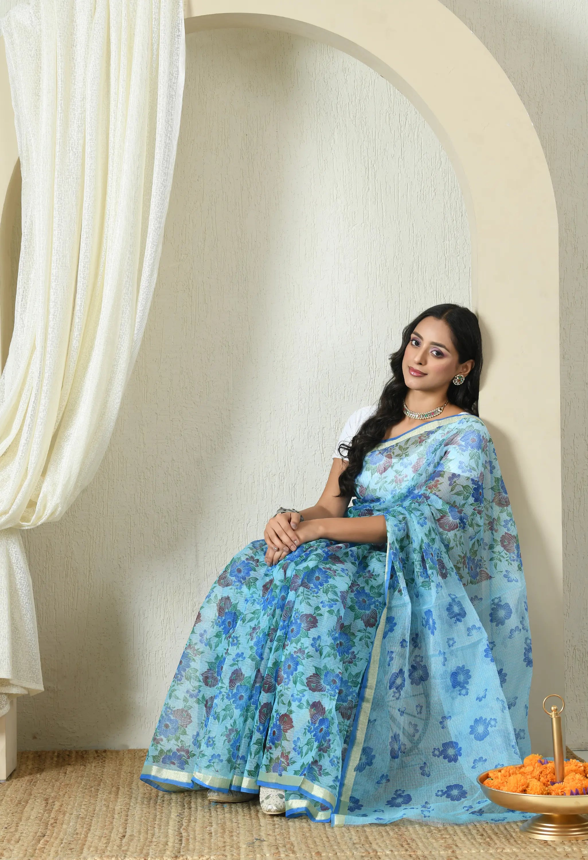 Sapphire Blue Cotton Saree with Elegant Floral Pattern