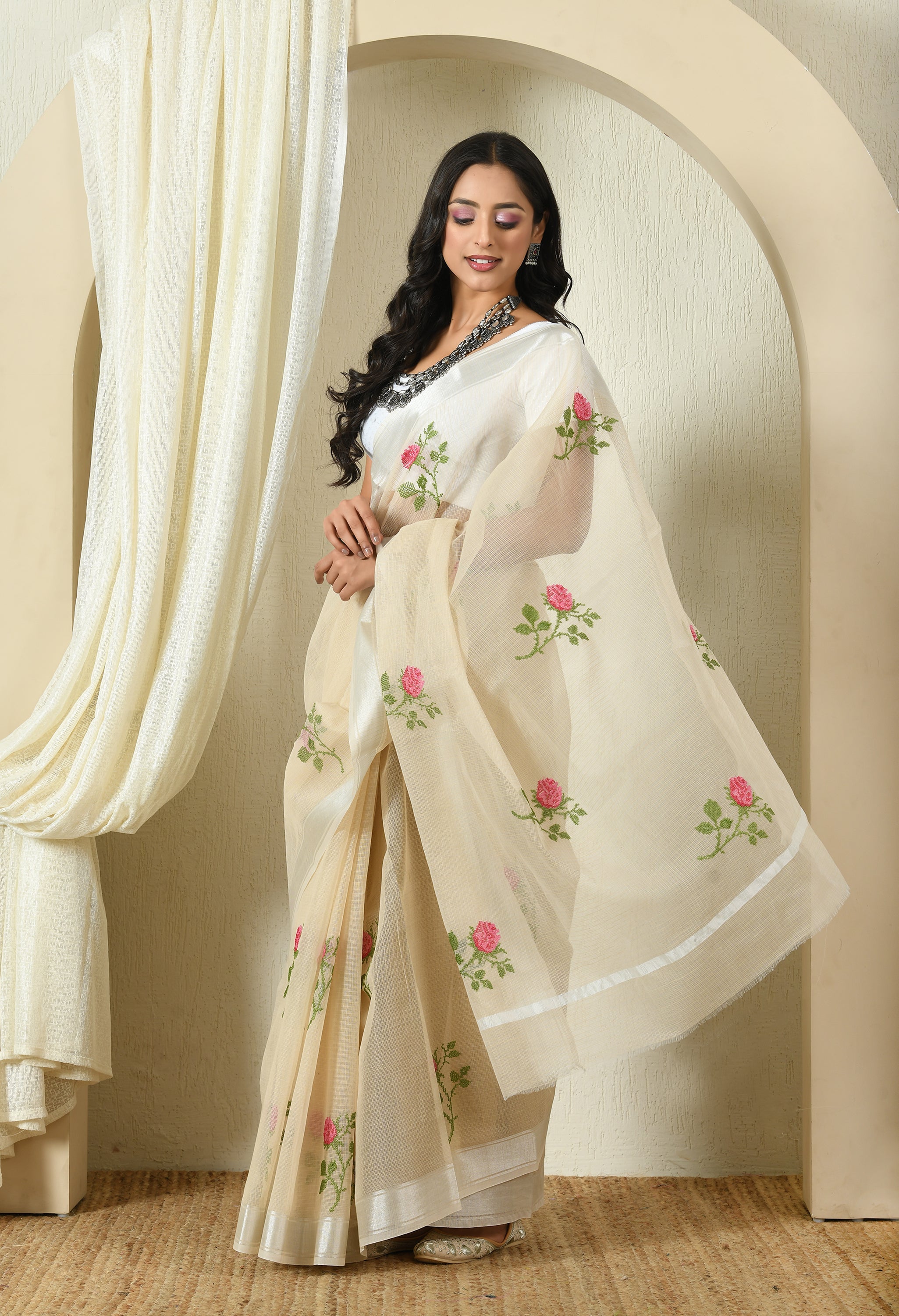 Beige Nude Cotton Saree with Sublime Floral Embroidery