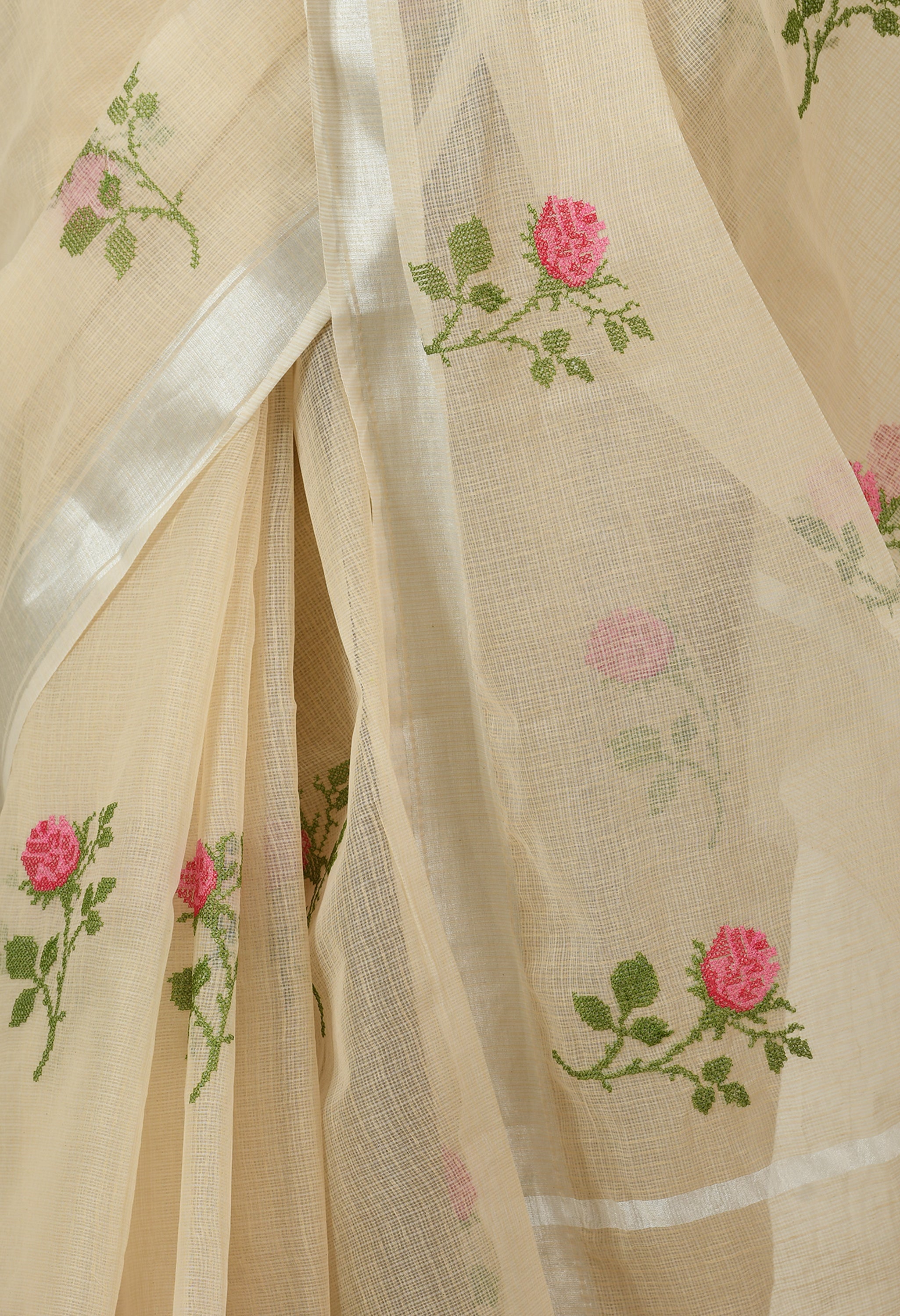 Beige Nude Cotton Saree with Sublime Floral Embroidery