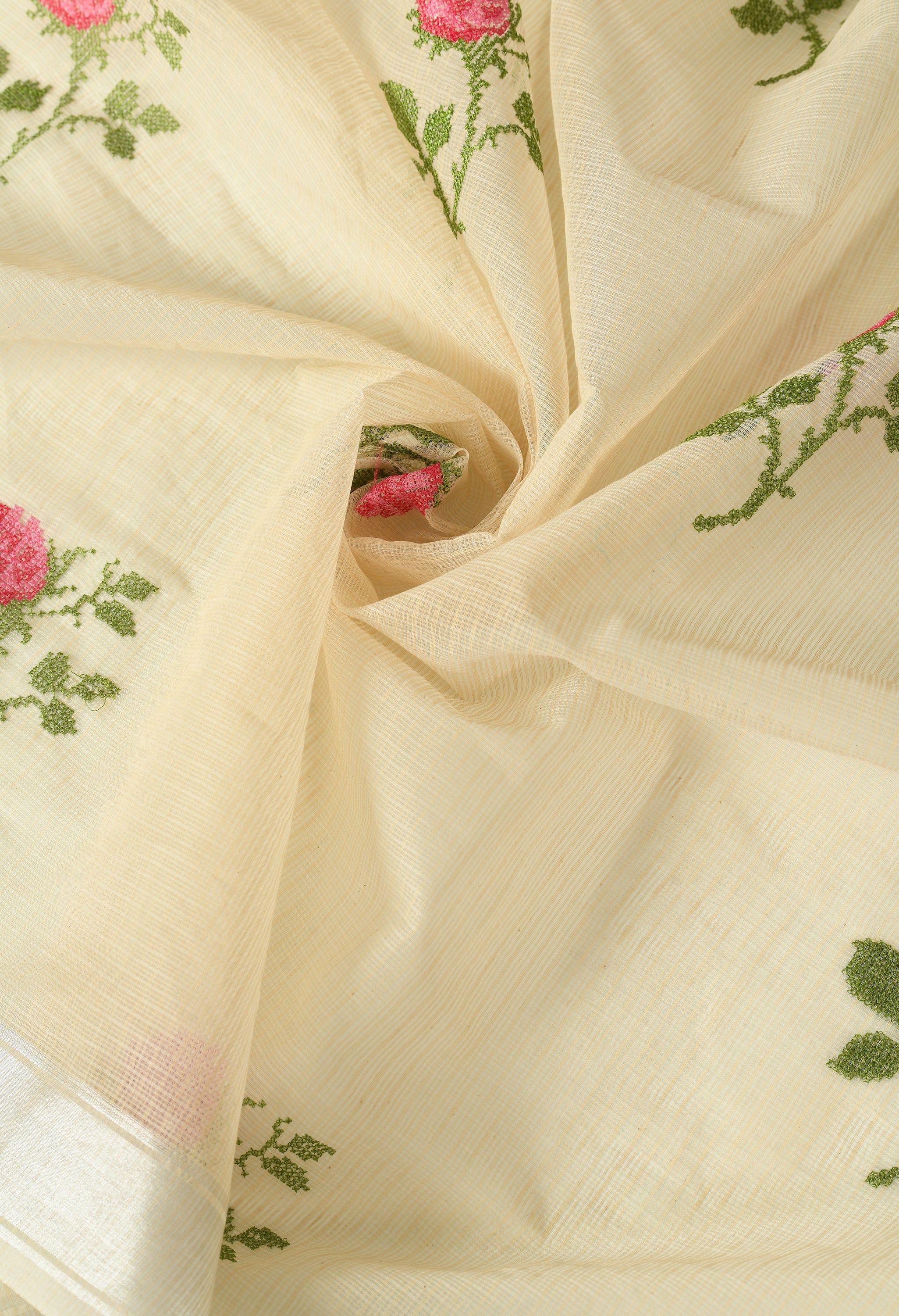 Beige Nude Cotton Saree with Sublime Floral Embroidery