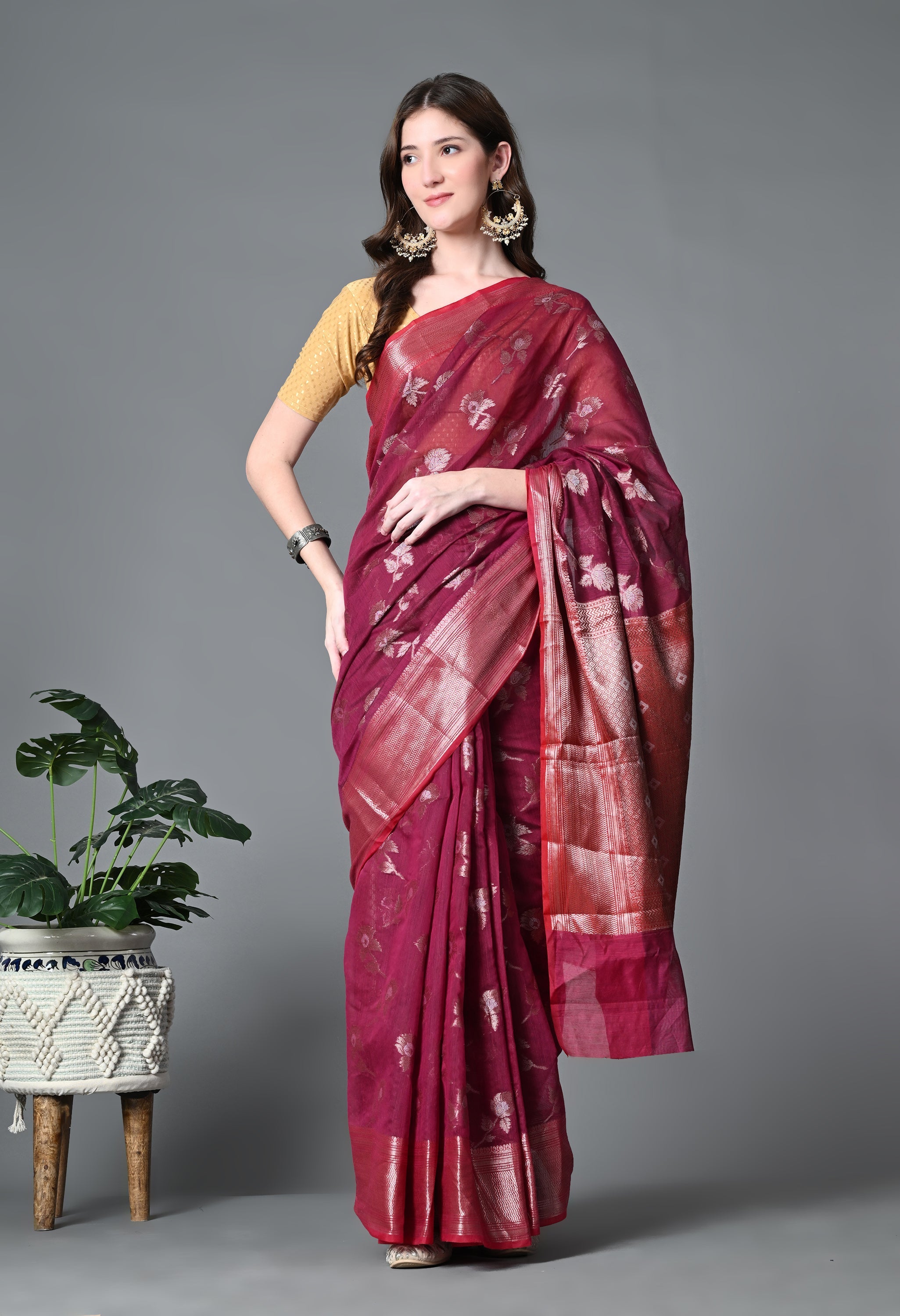 Maroon Kota Doria Cotton Saree with Heavy work