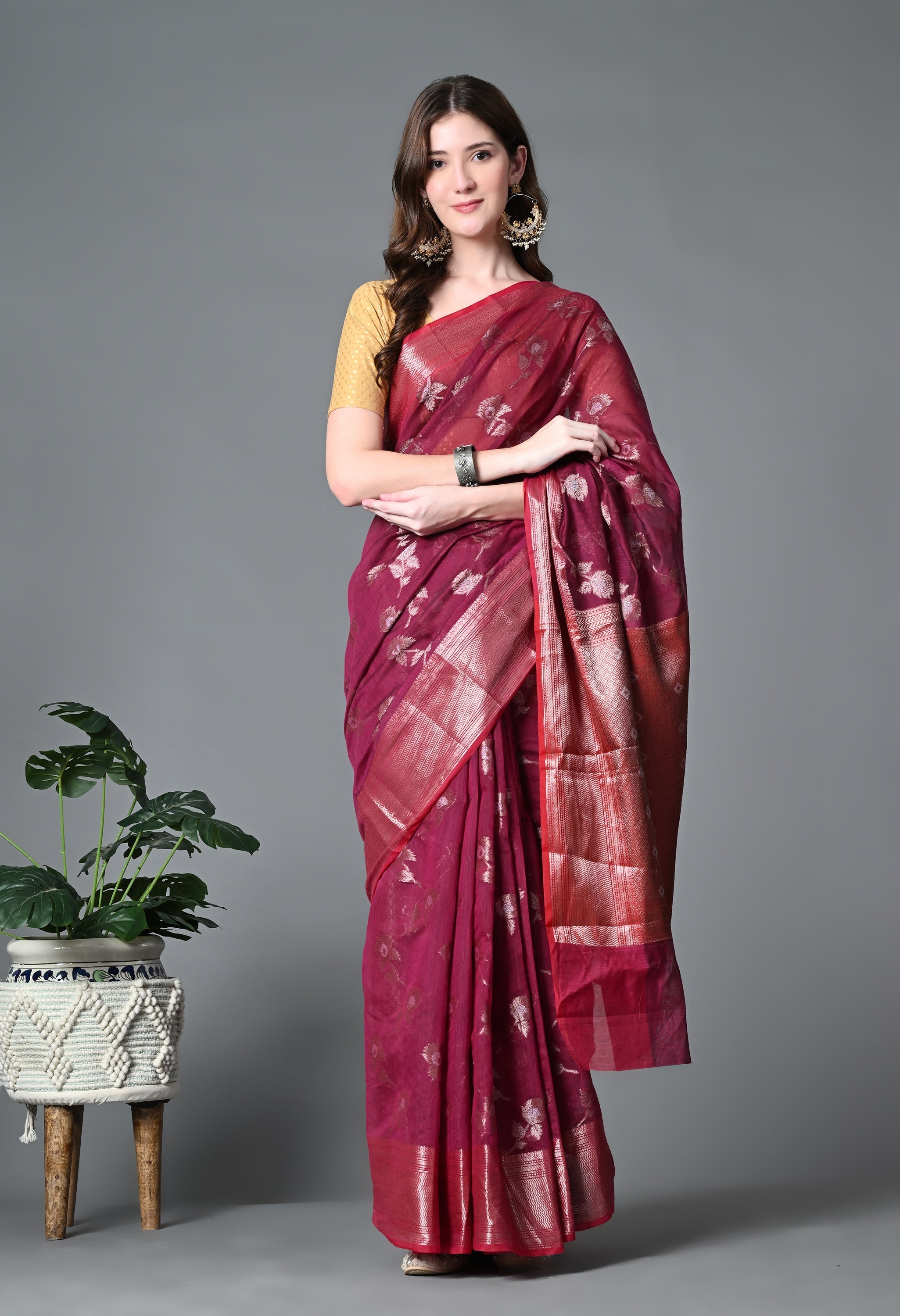 Maroon Kota Doria Cotton Saree with Heavy work