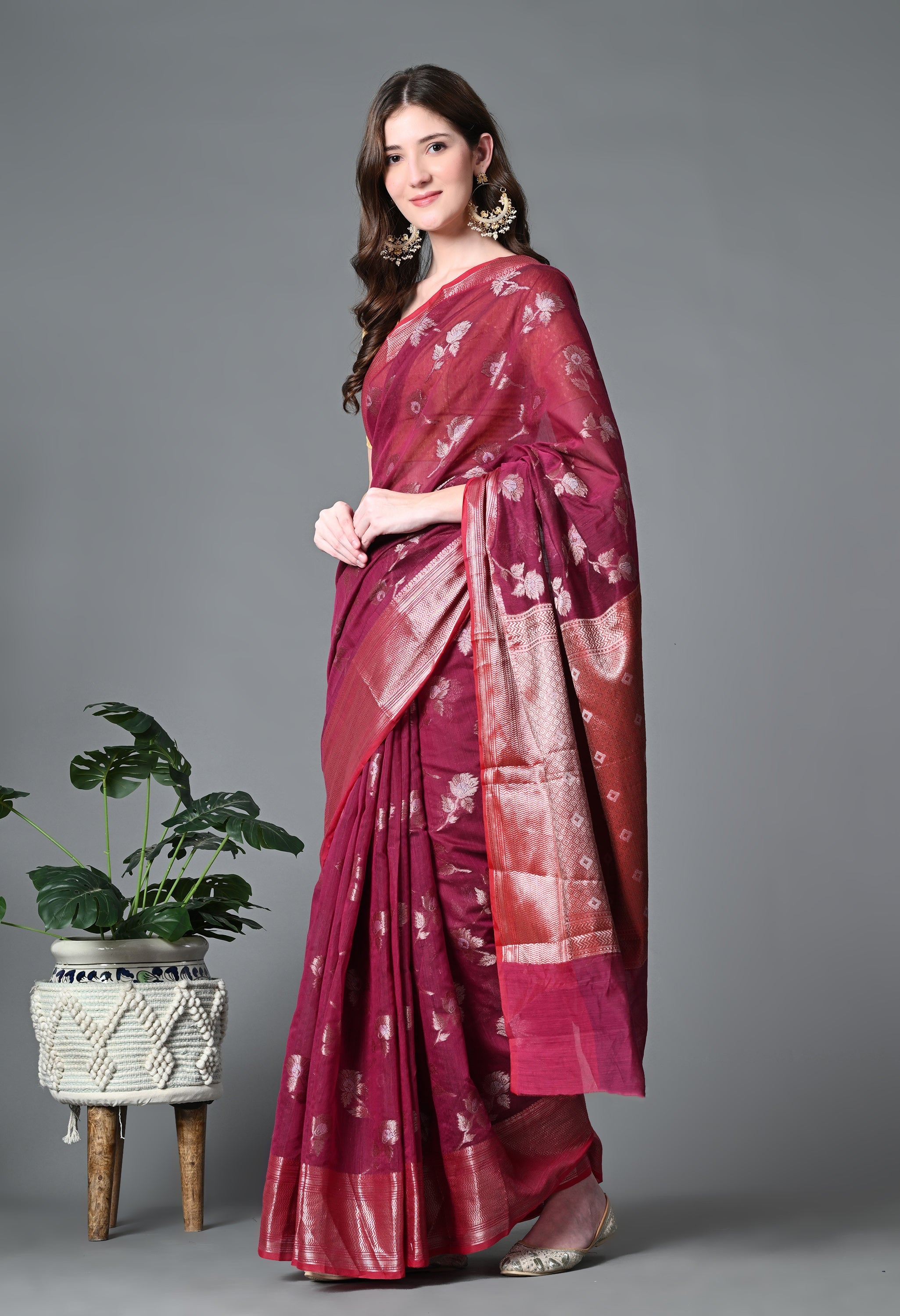 Maroon Kota Doria Cotton Saree with Heavy work