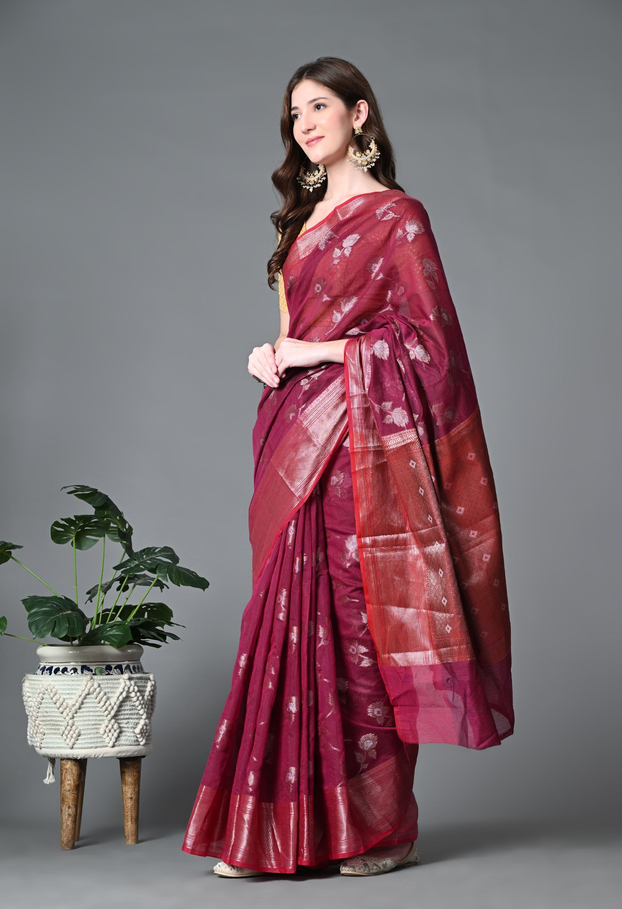 Maroon Kota Doria Cotton Saree with Heavy work