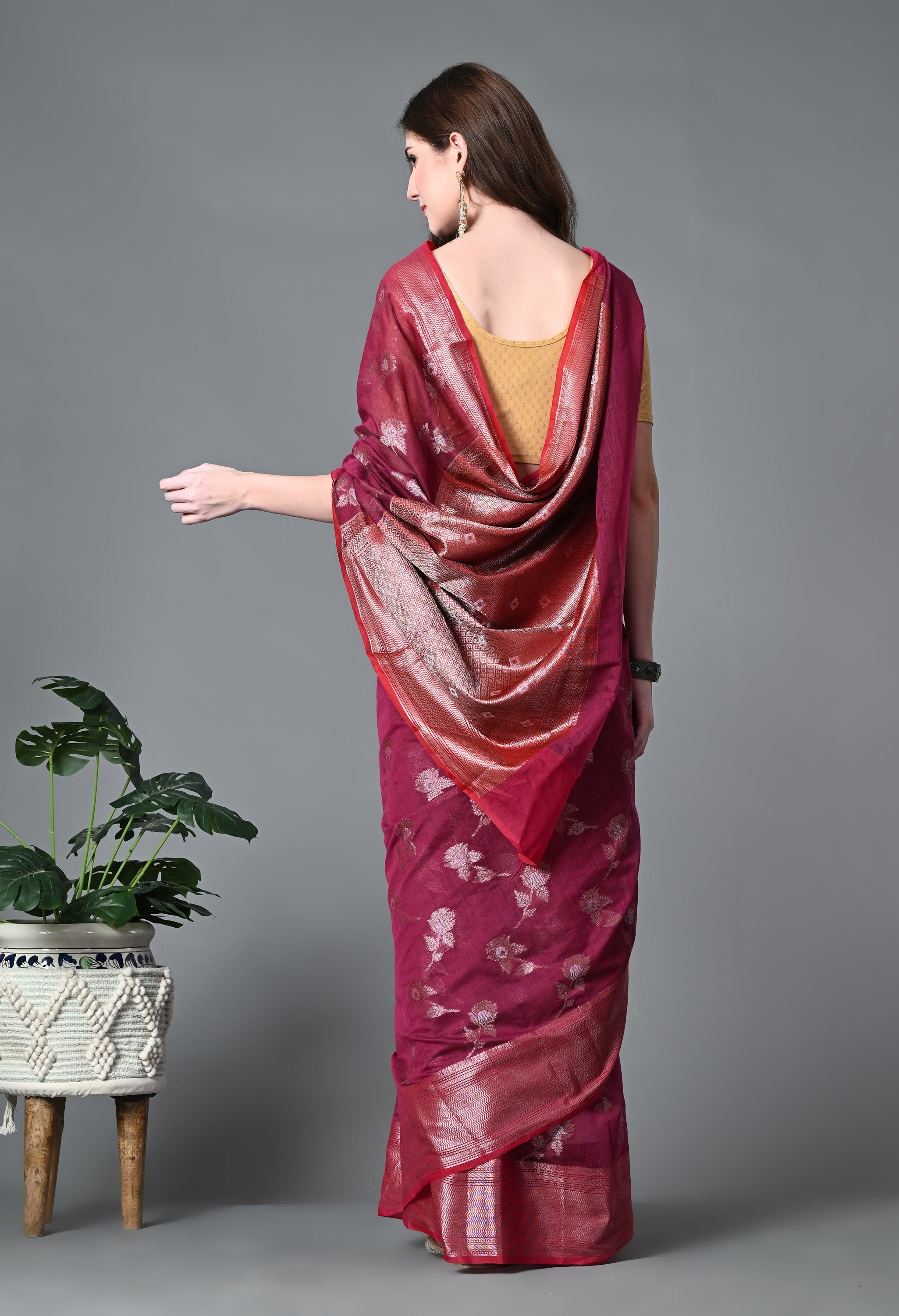Maroon Kota Doria Cotton Saree with Heavy work