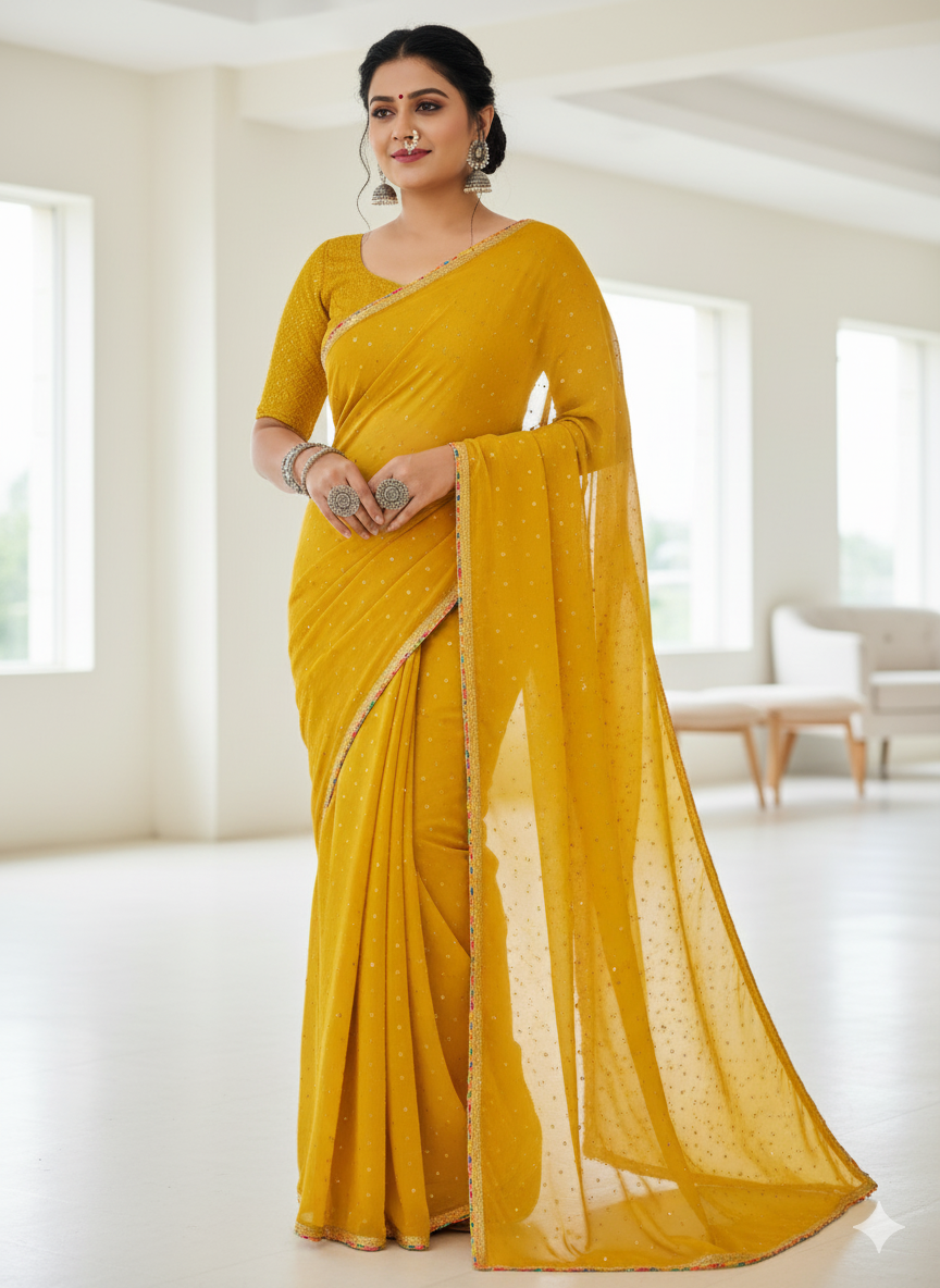 Mustard Yellow Embroidered Georgette Saree with Tassel Border